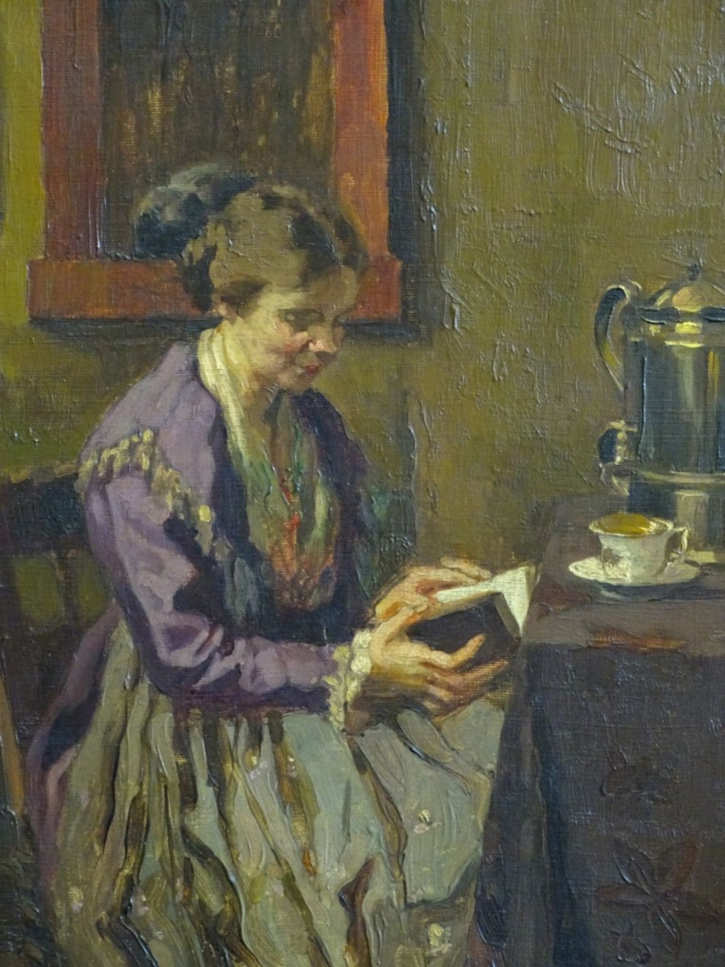 unles.signiertes Gemälde um 1900 "lesende Dame", bez. In.Shlee??,Öl/Leinen,gerahmt,RG 69x54,5 - Bild 3 aus 5