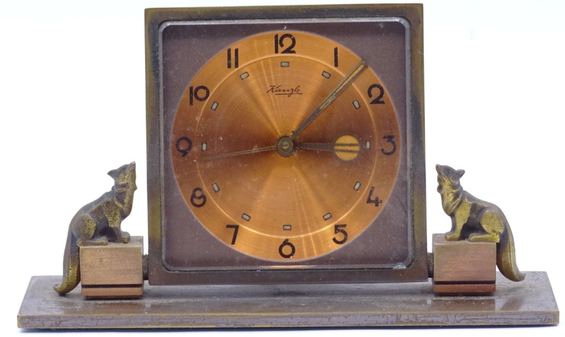 Schreibtisch Uhr / Wecker Bronze,"Kienzle",mechanisch,Werk steht,seitlich vollplastische Tiere,L- - Bild 2 aus 3