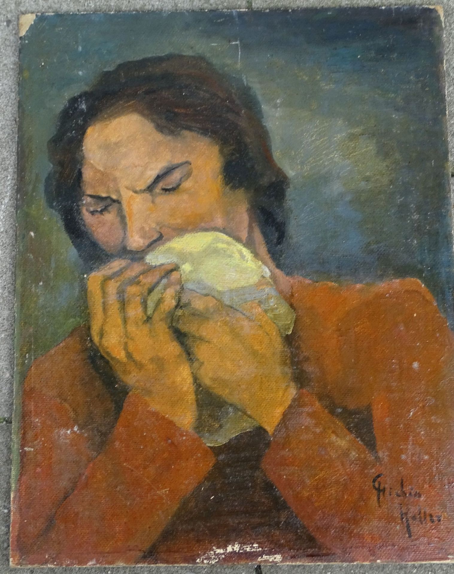 Chichio HALLER (1894-1955) "Frau mit Taschentuch" Öl/Platte, an den Ecken Abplatzer etc. 40x31 c - Bild 2 aus 6