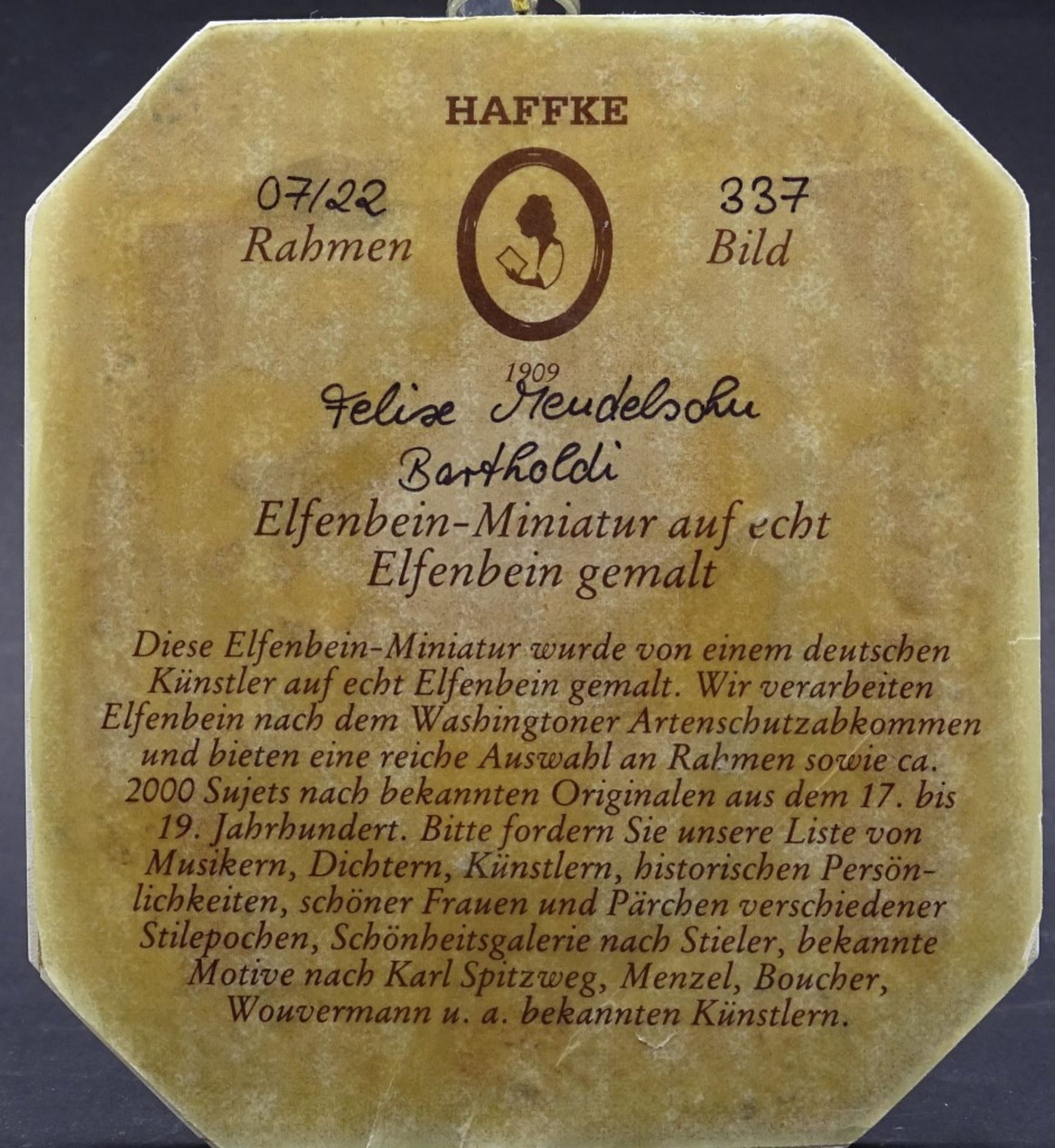 Miniaturportrait auf Elfenbeinplatte "Felix Mendelssohn Bartholdy", 11,8x10,5cm - Bild 3 aus 3