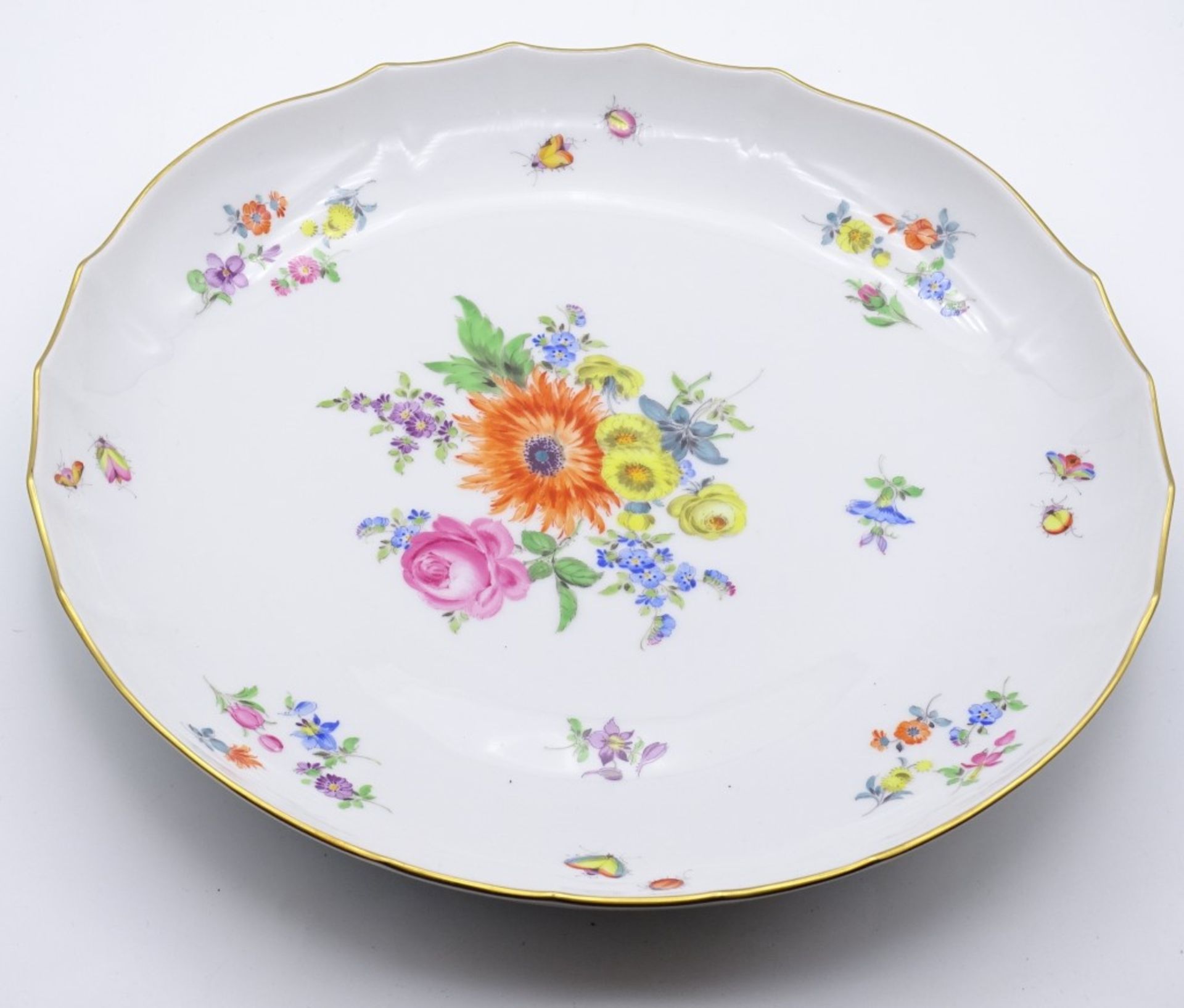 Große "Meissen" Platte,mit Blumen und Insekten,Goldrand,Schwertermarke im Boden,1.Wahl,d- 27,5c