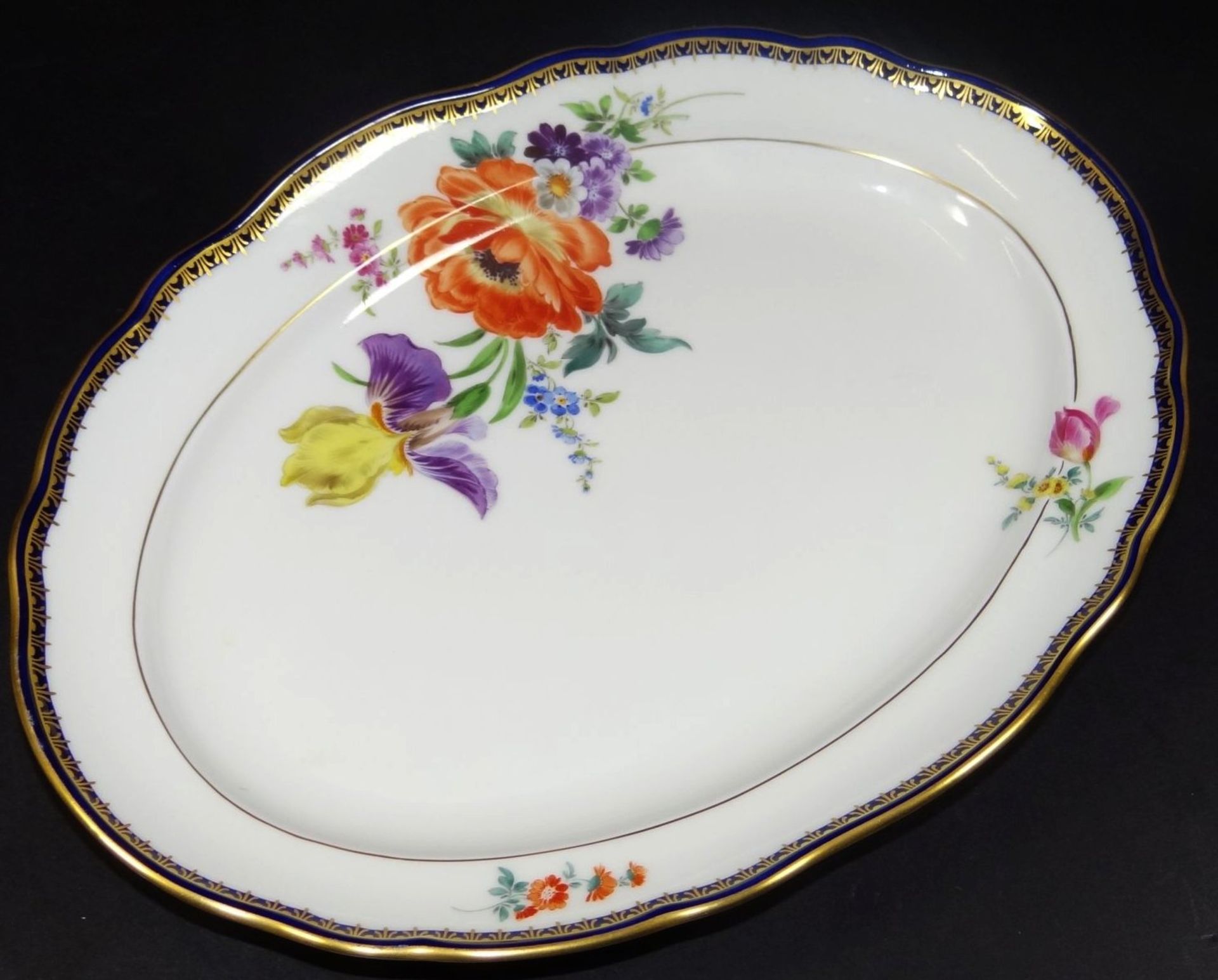 ovale Platte "Meissen" Blumen, Kobalt- und Goldrand, , 30x22 cm - Bild 2 aus 5