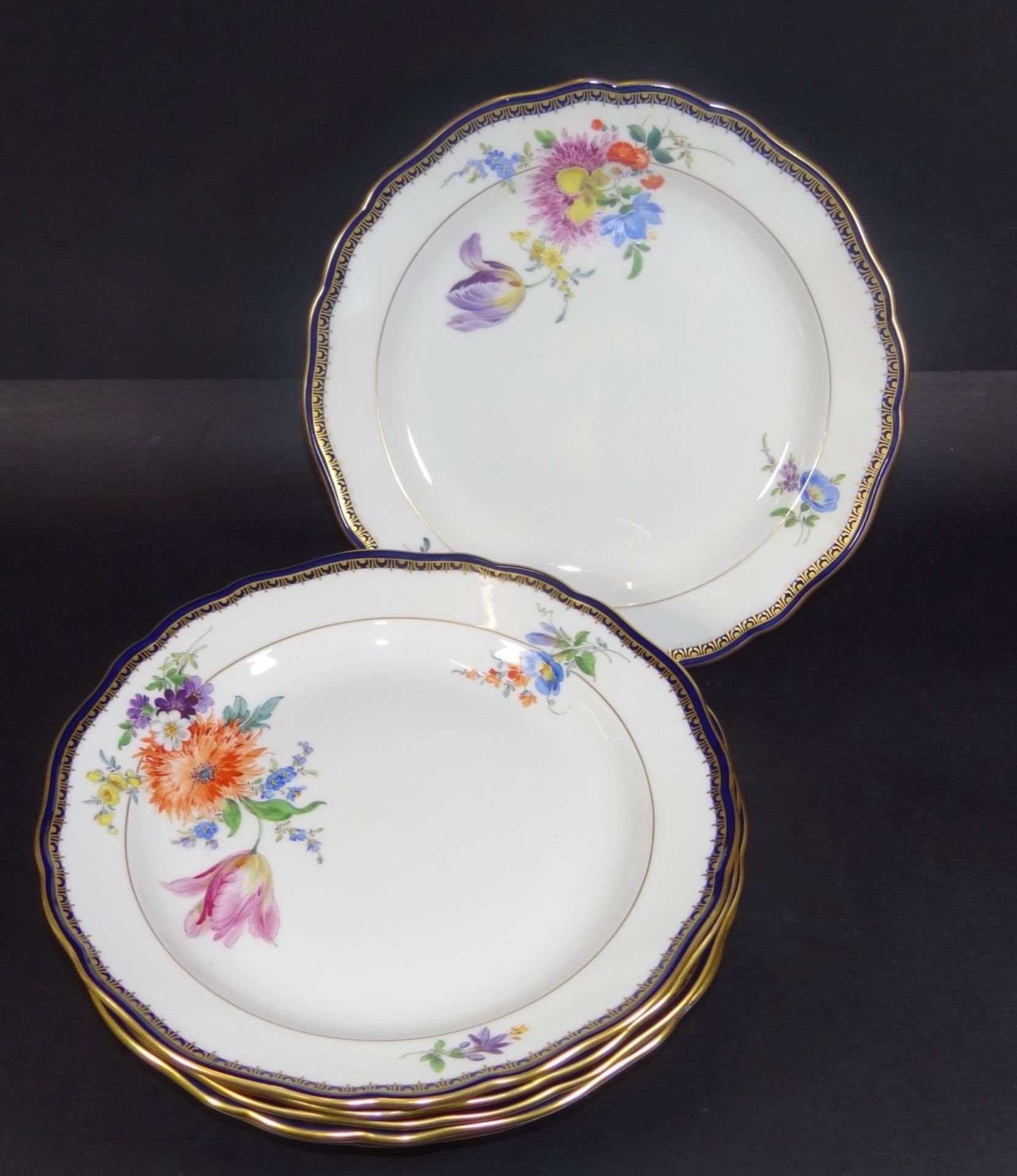 6x kl. Speiseteller "Meissen" Blumen, Kobalt- und Goldrand,4x durchschliffen, D-21,5 cm