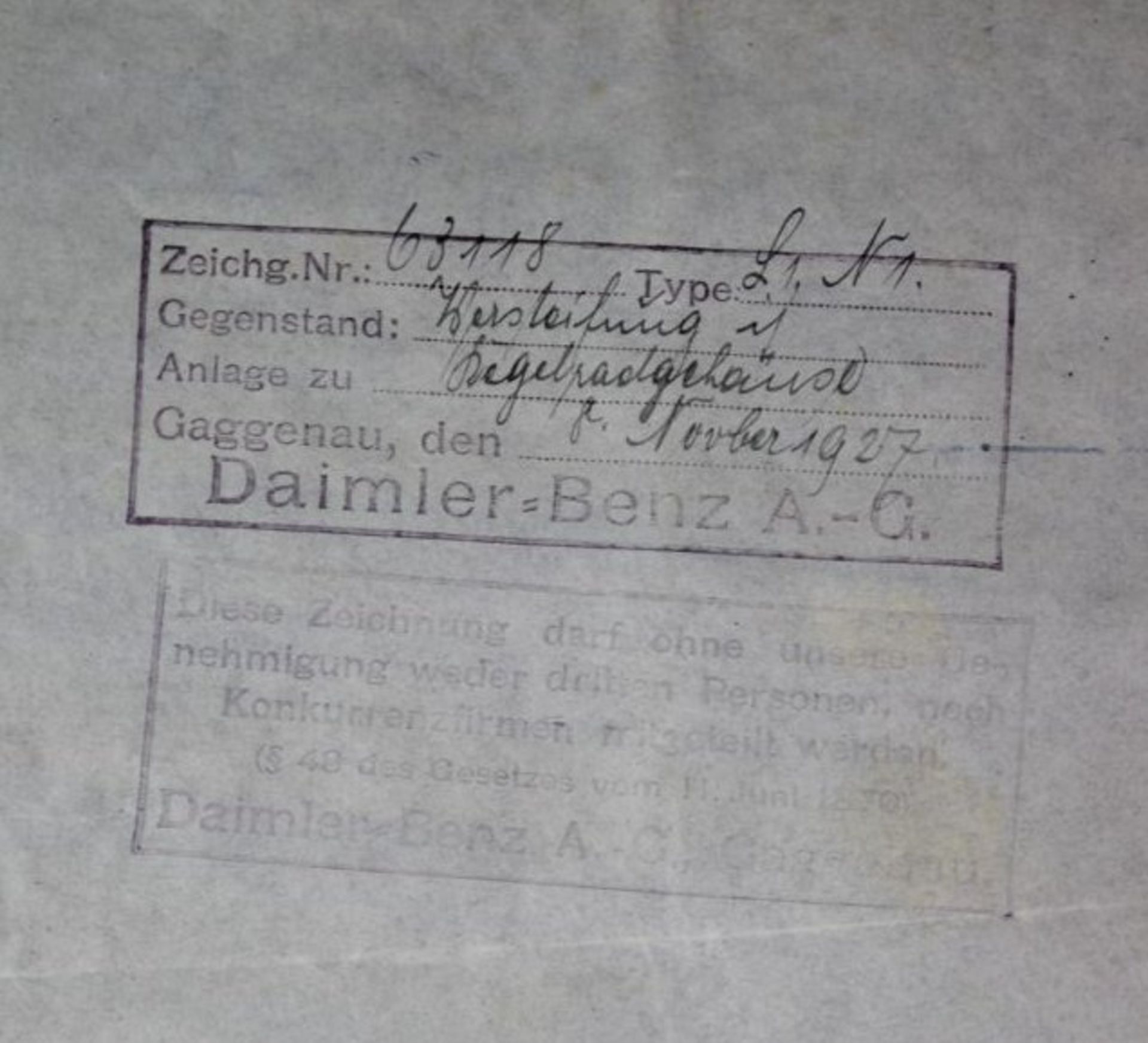 Blaupause, Daimler Benz AG, 1927, Anordnung der Versteifung im Kegelradgehäuse. - Bild 2 aus 4