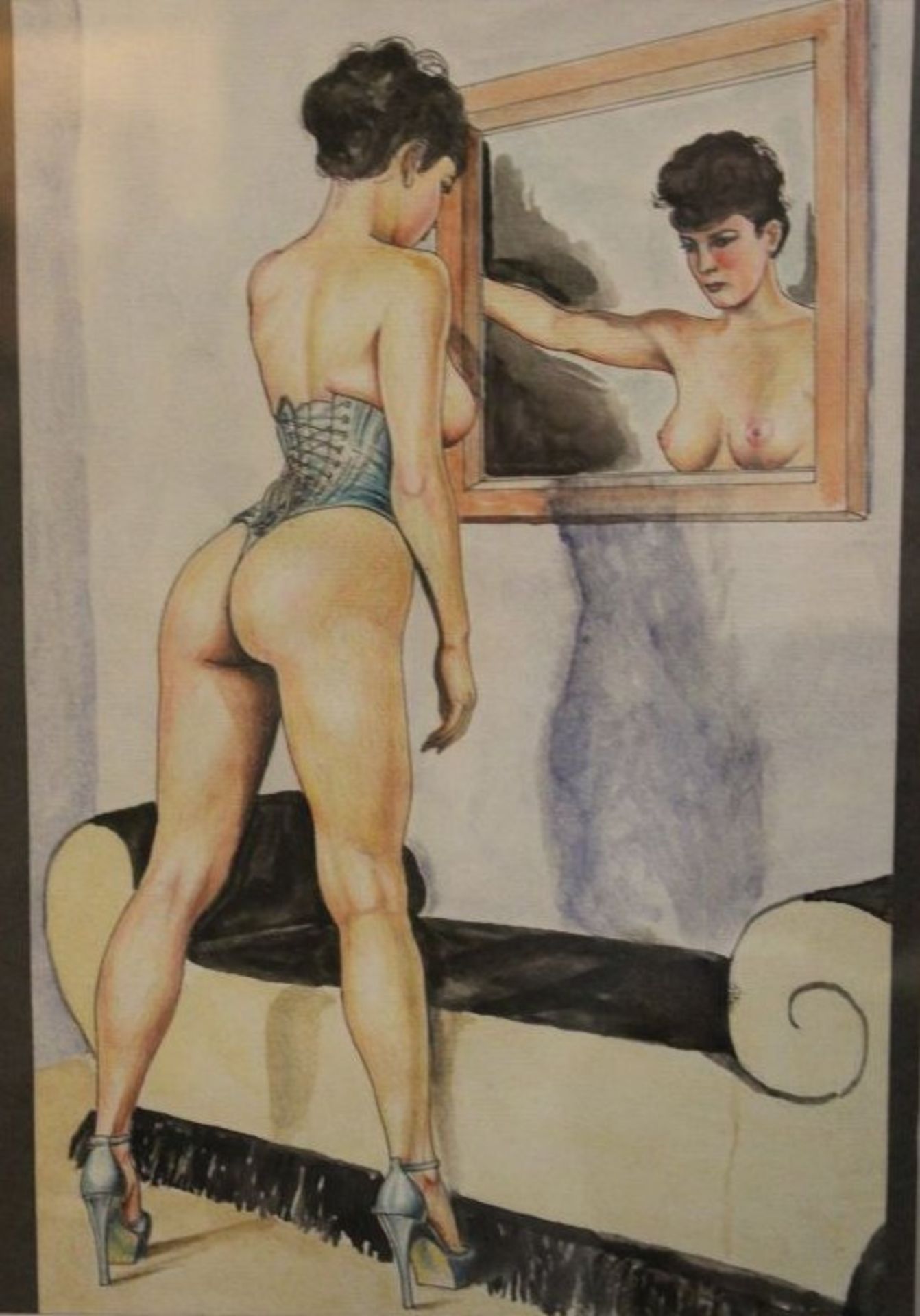 2x unsignierte erotische Darstellungen, Aquarelle, je gerahmt/Glas, RG 41 x 31cm. - Bild 2 aus 3