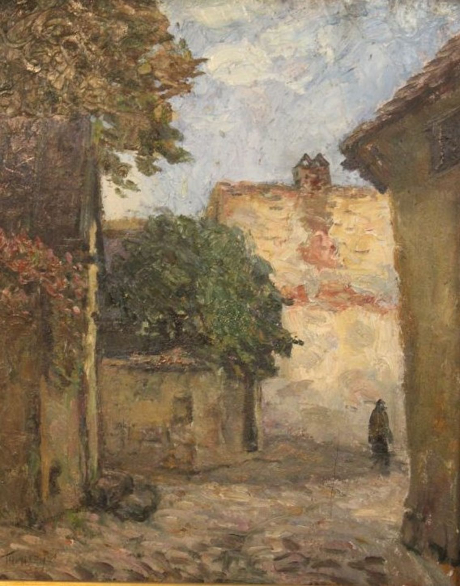 Sándor TURMAYER (1879-1953), Dorfstrasse mit Person, Öl/Holz, gut gerahmt, RG 68 x 58cm, leicht