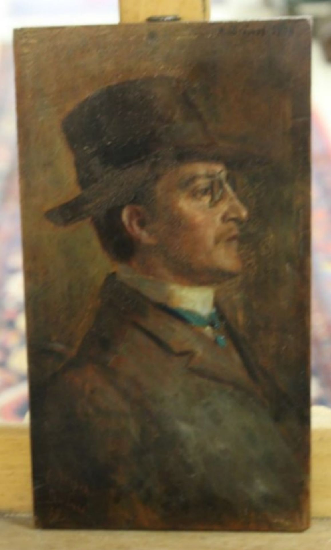 E.Weber, Spandau, Seitenportrait, o.r. K.Diner 1908, Öl/Holz, ungerahmt, 24 x 14cm. - Bild 2 aus 2