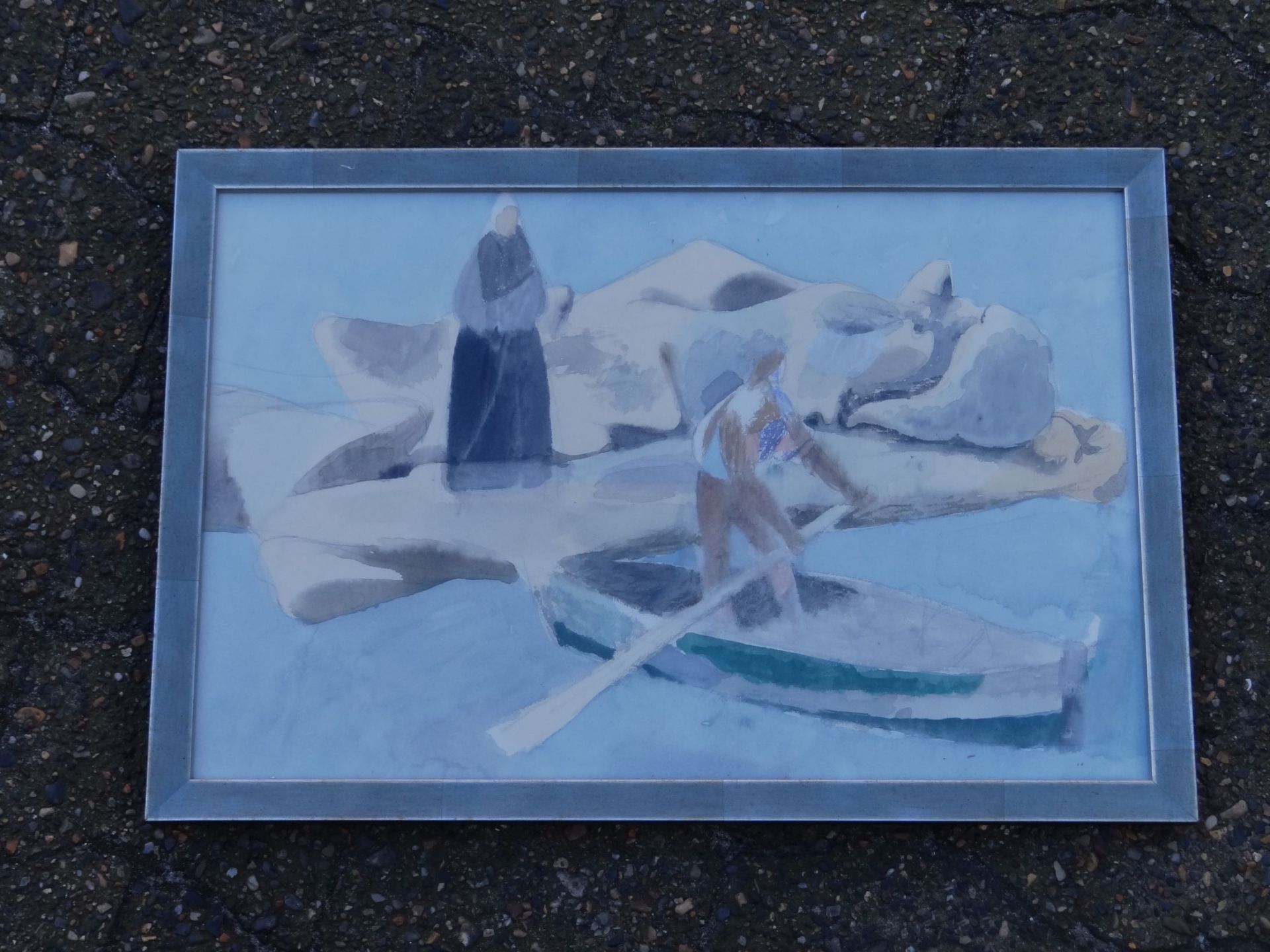 anonymes Aquarell, Uferszene mit Felsen und Boot, ger/Glas, 38x56 cm - Bild 2 aus 4