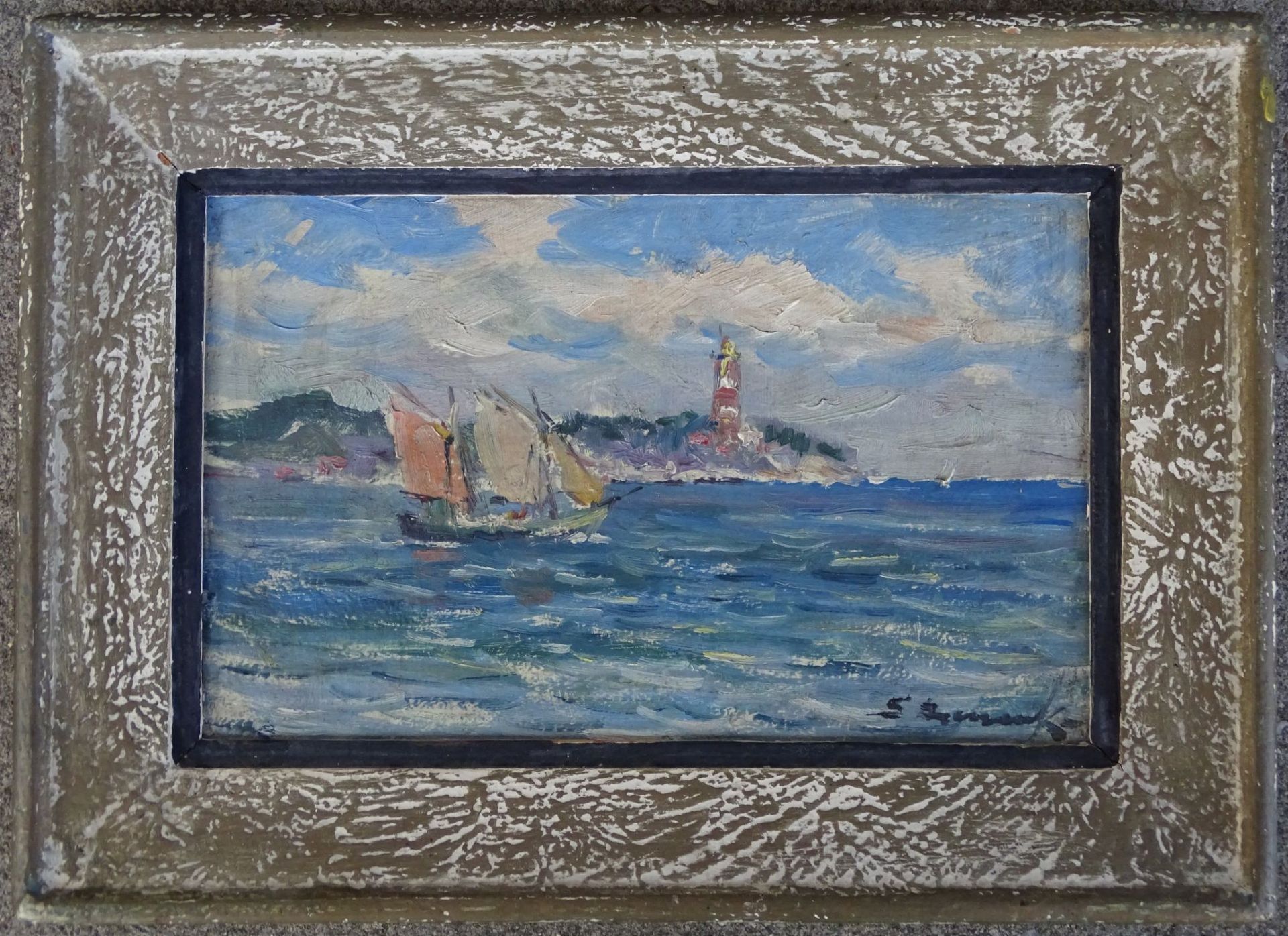 Eugeniusz DZIERZENCKI (1904-1990) "Segelboot vor Leuchtturm", Öl/Malfaser, 12x18 cm, gerahmt, RG - Bild 2 aus 5