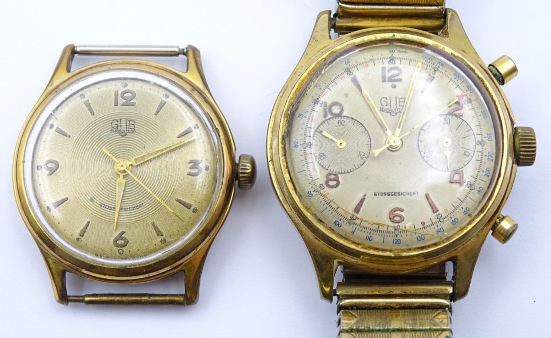 Zwei Armbanduhren "GUB",beide mechanisch,Werke laufen,vergoldet,Alters-u. Gebrauchsspuren, d-33- - Bild 2 aus 9