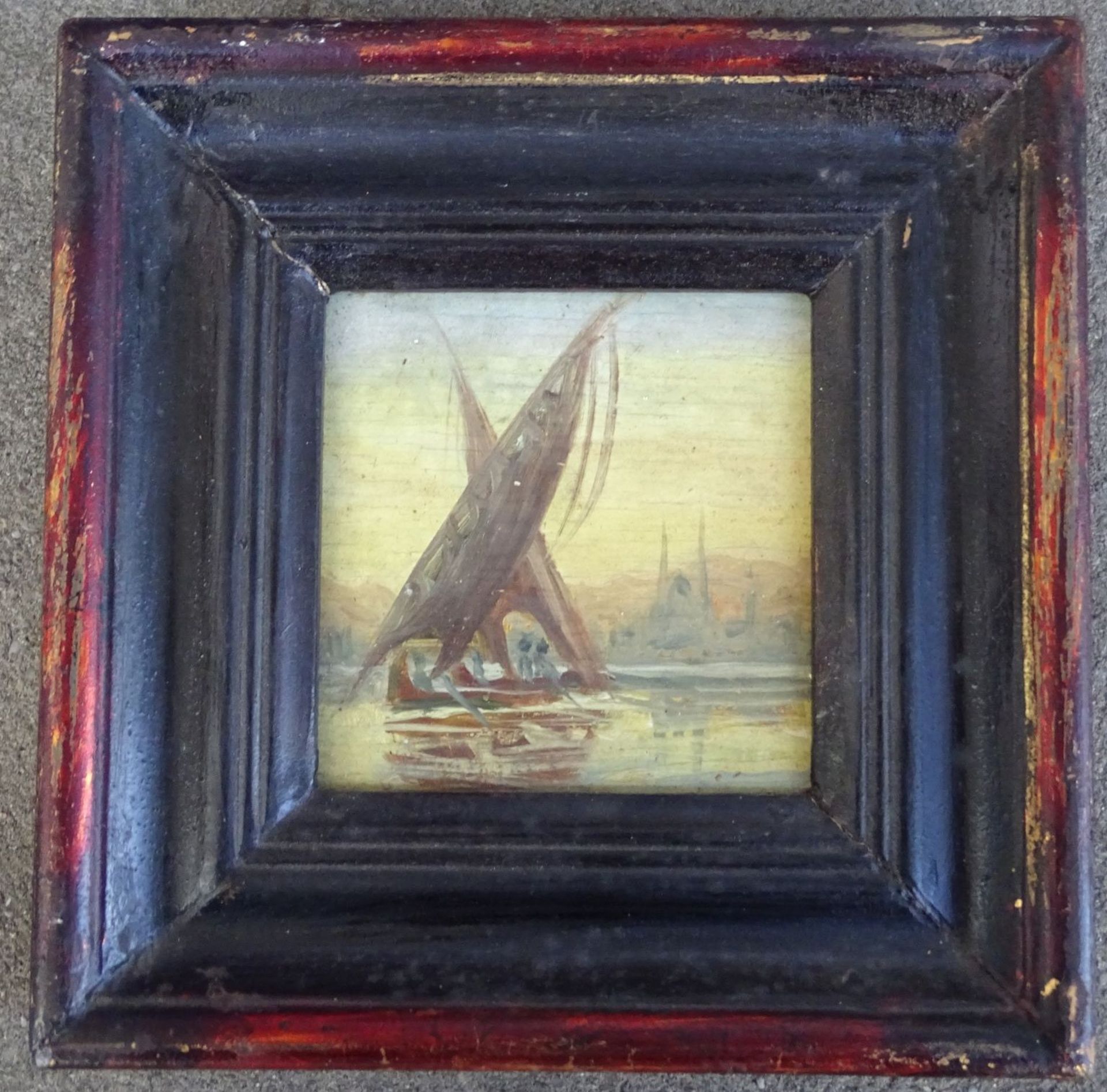 anonym, Segelboot vor Küste, Öl/Holz, 11x11 cm, gerahmt, RG 20x20 - Bild 3 aus 4