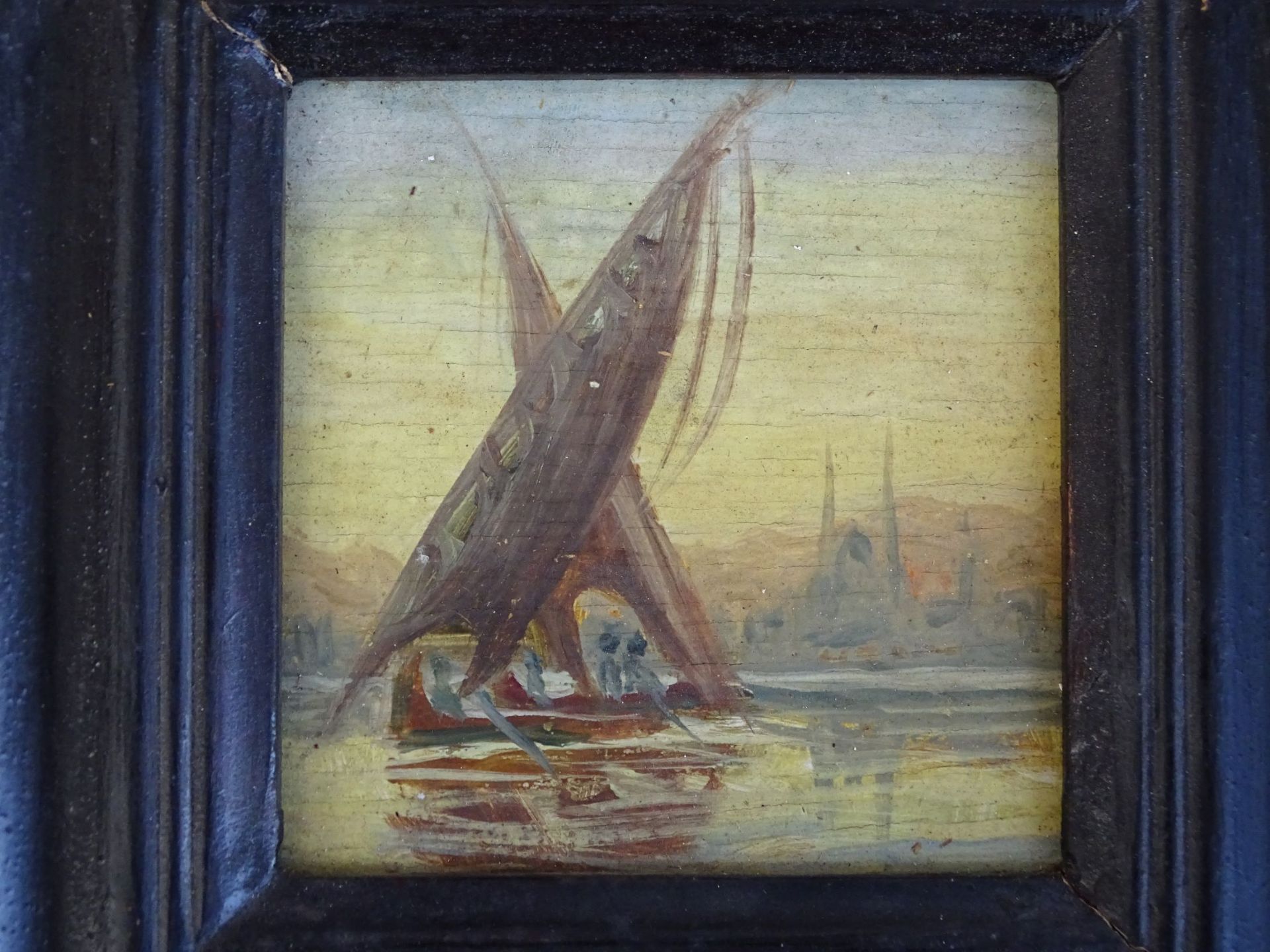 anonym, Segelboot vor Küste, Öl/Holz, 11x11 cm, gerahmt, RG 20x20