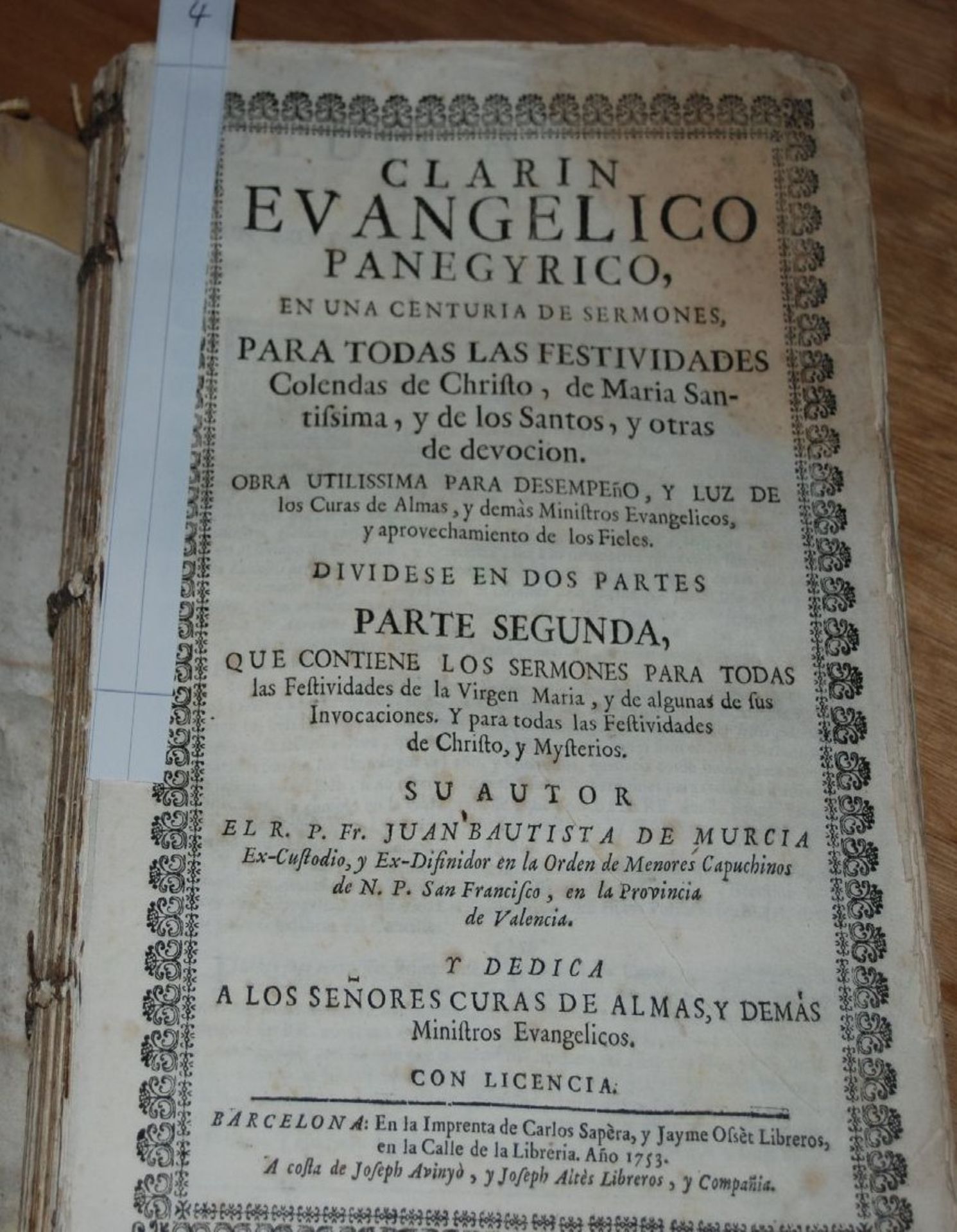 clarin evangelico panegyrico..Barcelona 1753, spanisch, PP, tw. Bindung lose, mit Wurmschäden - Bild 2 aus 9