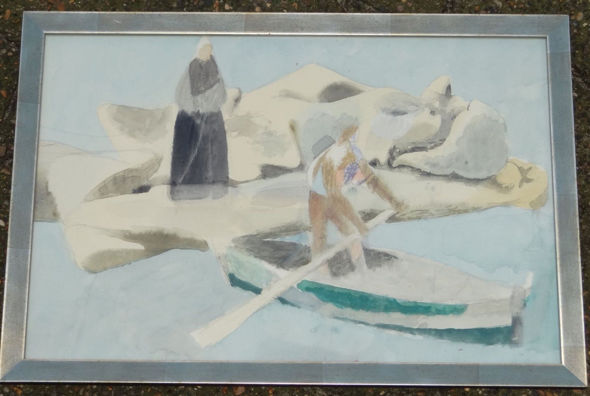 anonymes Aquarell, Uferszene mit Felsen und Boot, ger/Glas, 38x56 cm