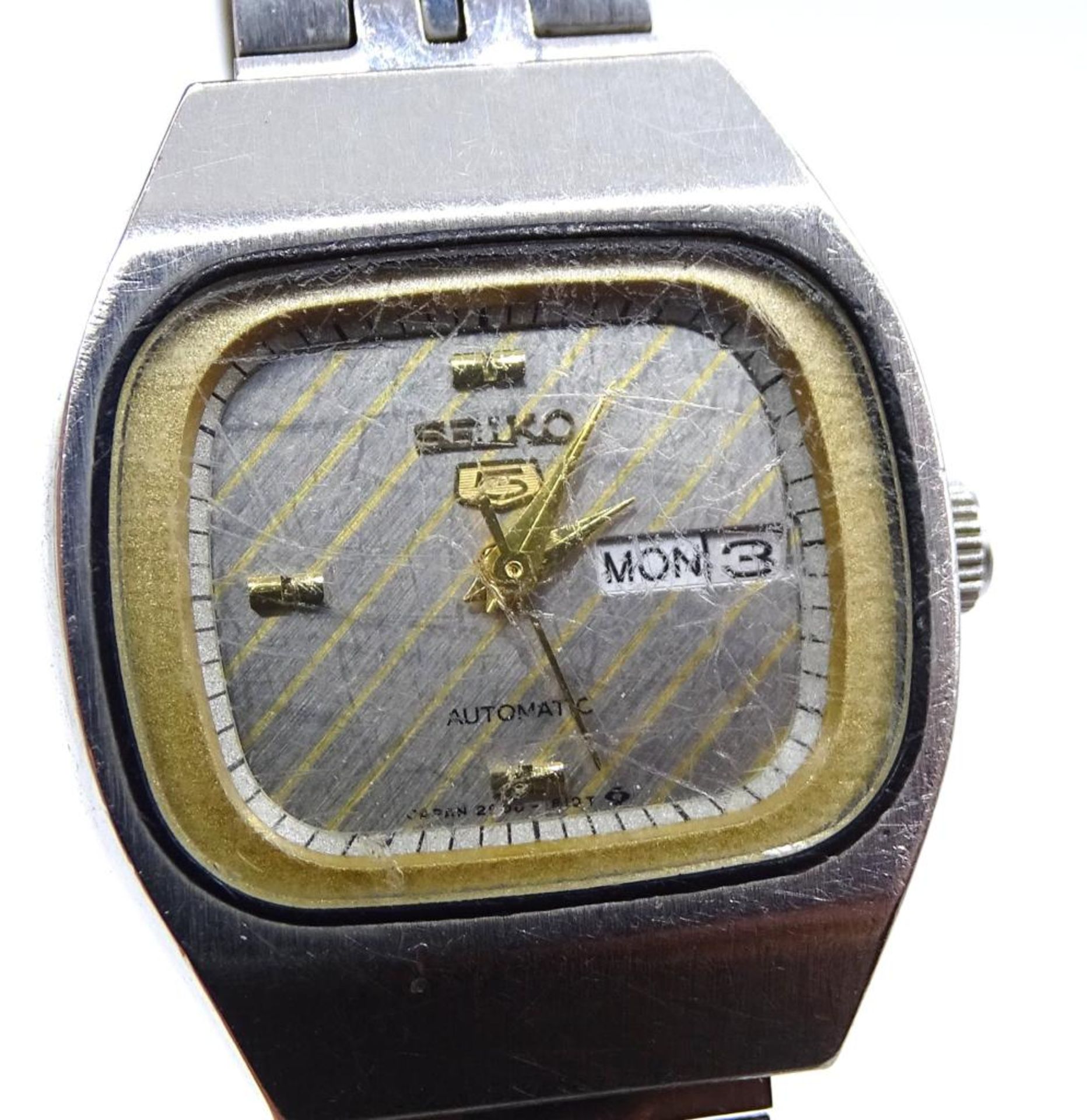 Armbanduhr "Seiko 5 ",automatic,Werk läuft,Edelstahl,Glas zerkratzt,Gehäuse 2,8x2,5 - Bild 3 aus 5