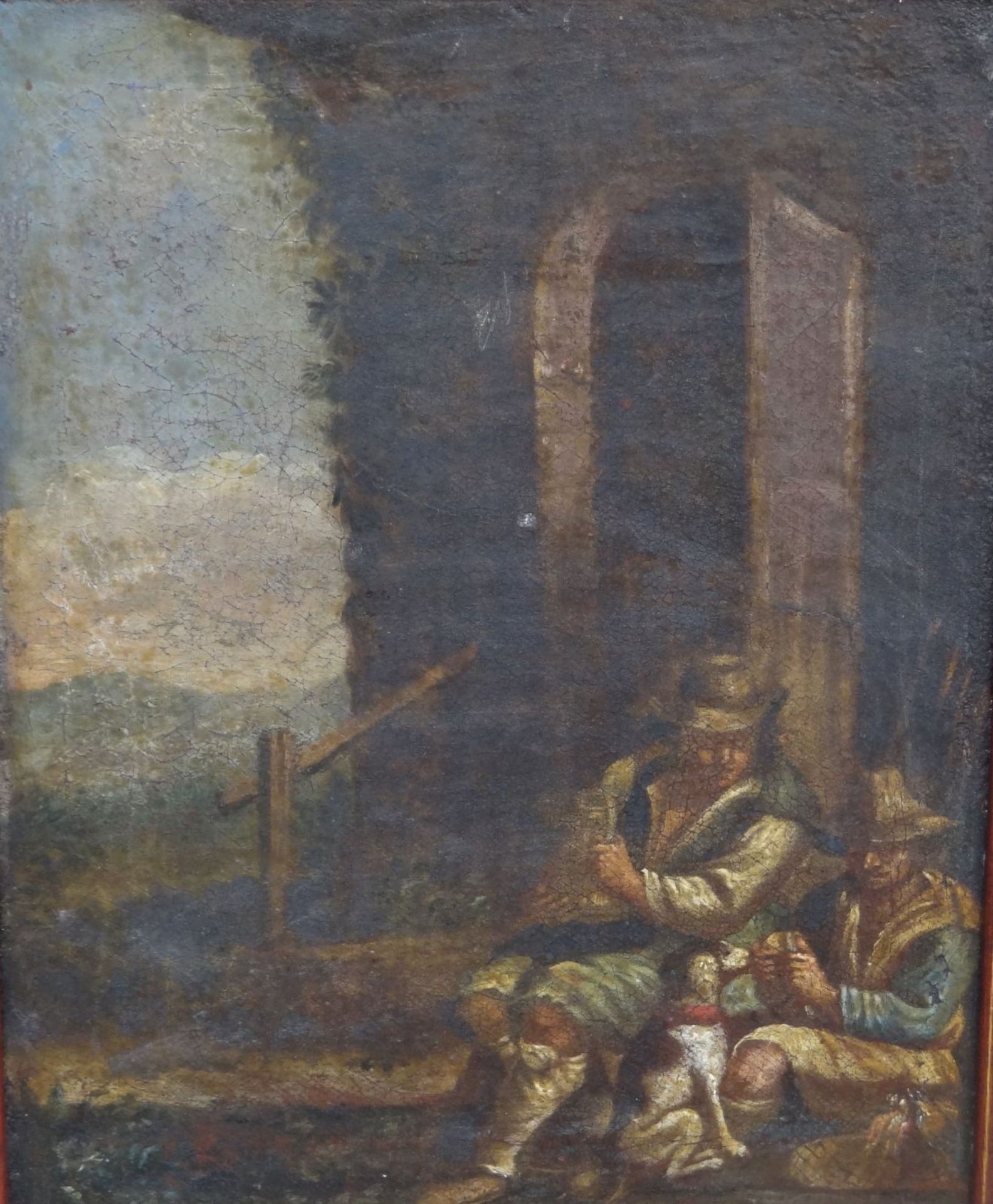 anonymes Altmeister Gemälde "Zwei Wanderer mit Hündchen bei der Jause", Öl/Holz, 31x24 cm, 19. - Bild 6 aus 8