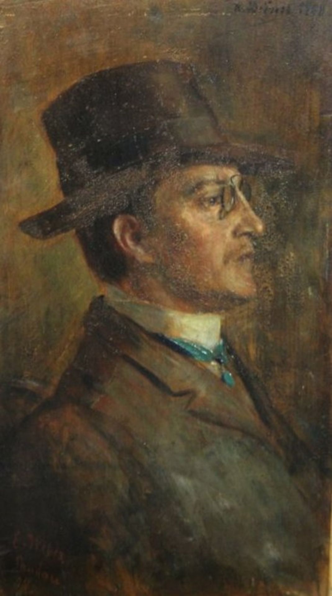 E.Weber, Spandau, Seitenportrait, o.r. K.Diner 1908, Öl/Holz, ungerahmt, 24 x 14cm.