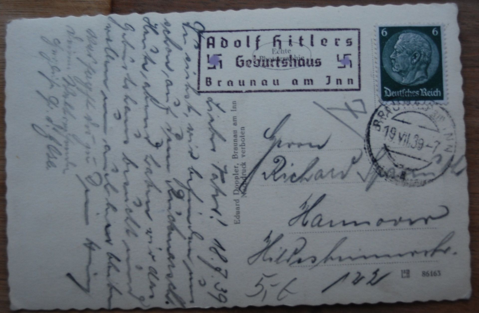 Postkarte "Adolf Hitlers Geburtshaus" 1939, gelaufen, Sonderstempel