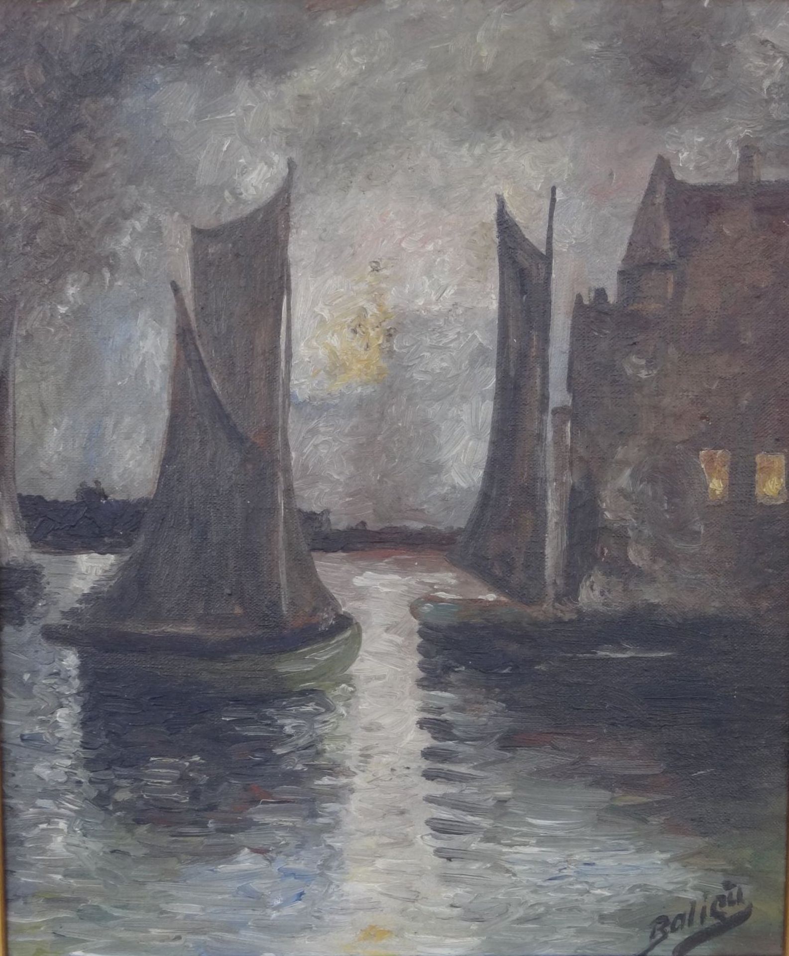 Balicu (oder ähnlich) "Segelboote bei Nacht" Öl/Leinen, um 1920, gerahmt, RG 51x44