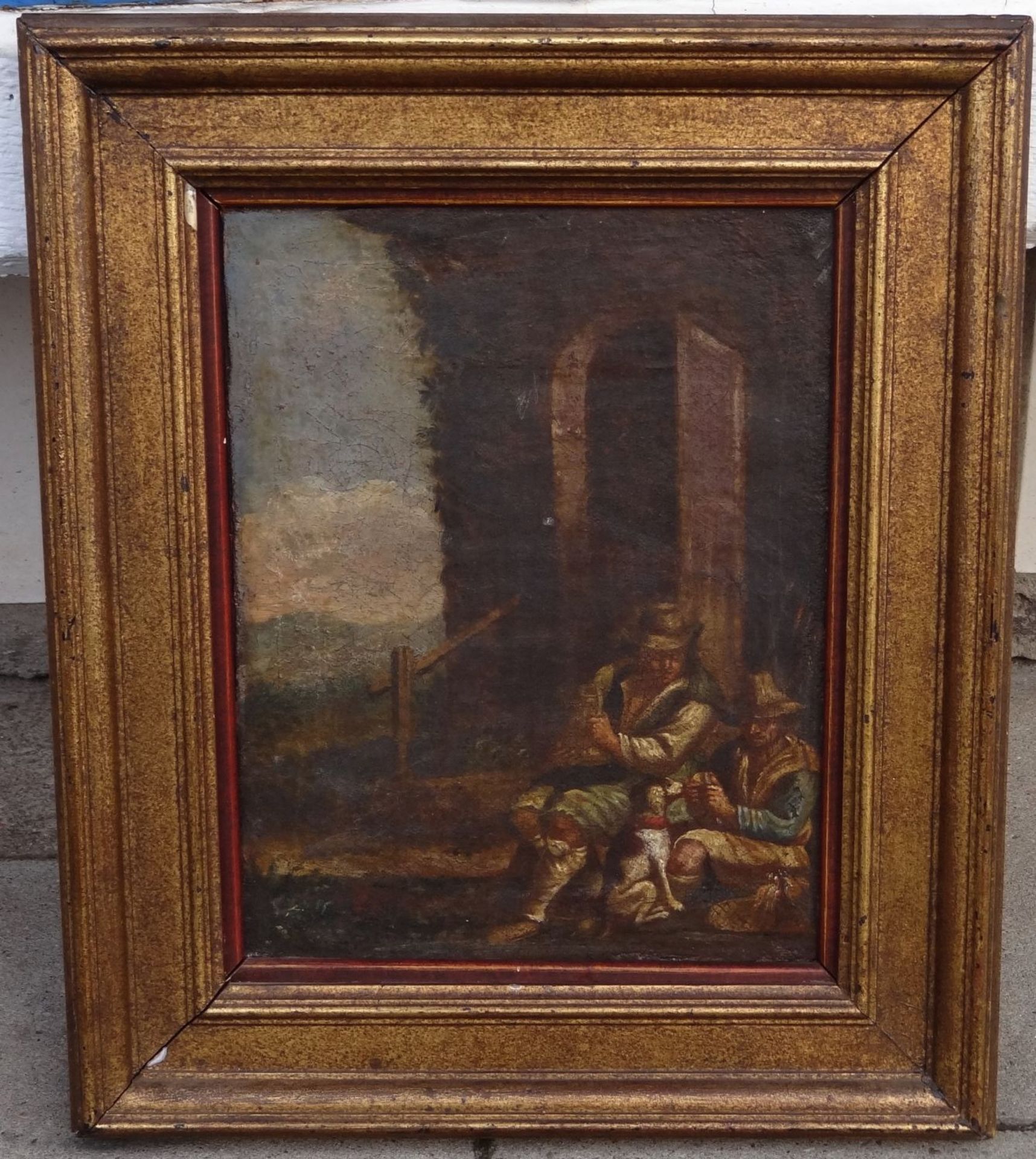 anonymes Altmeister Gemälde "Zwei Wanderer mit Hündchen bei der Jause", Öl/Holz, 31x24 cm, 19.