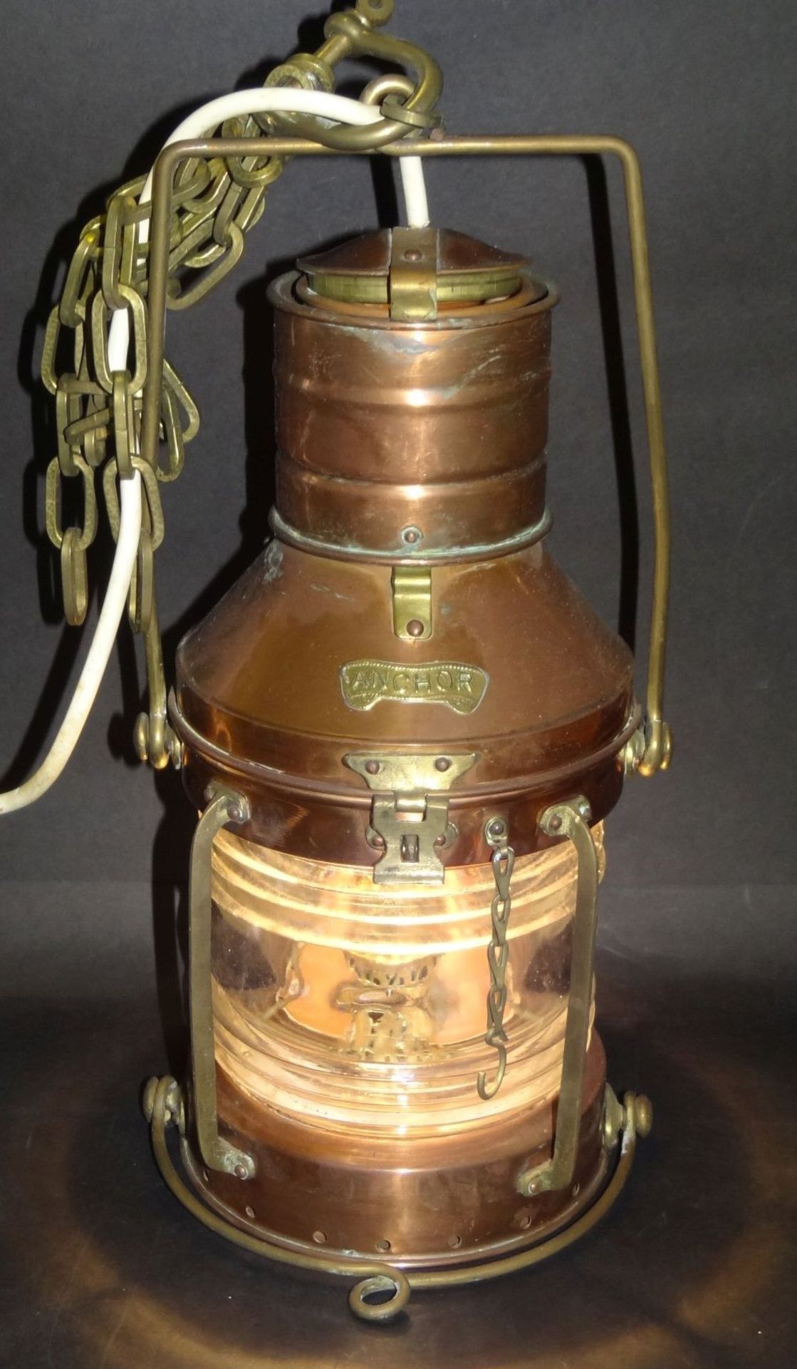 Kupfer-Schiffslampe, elektrifizier an Messingkette, H-35 cm - Bild 2 aus 5