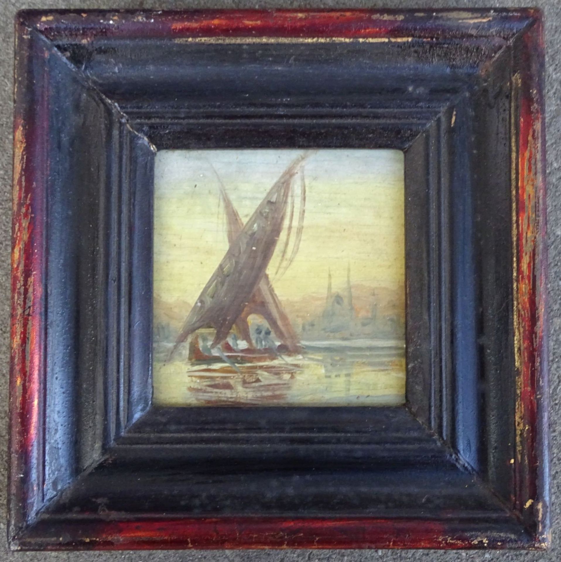 anonym, Segelboot vor Küste, Öl/Holz, 11x11 cm, gerahmt, RG 20x20 - Bild 2 aus 4