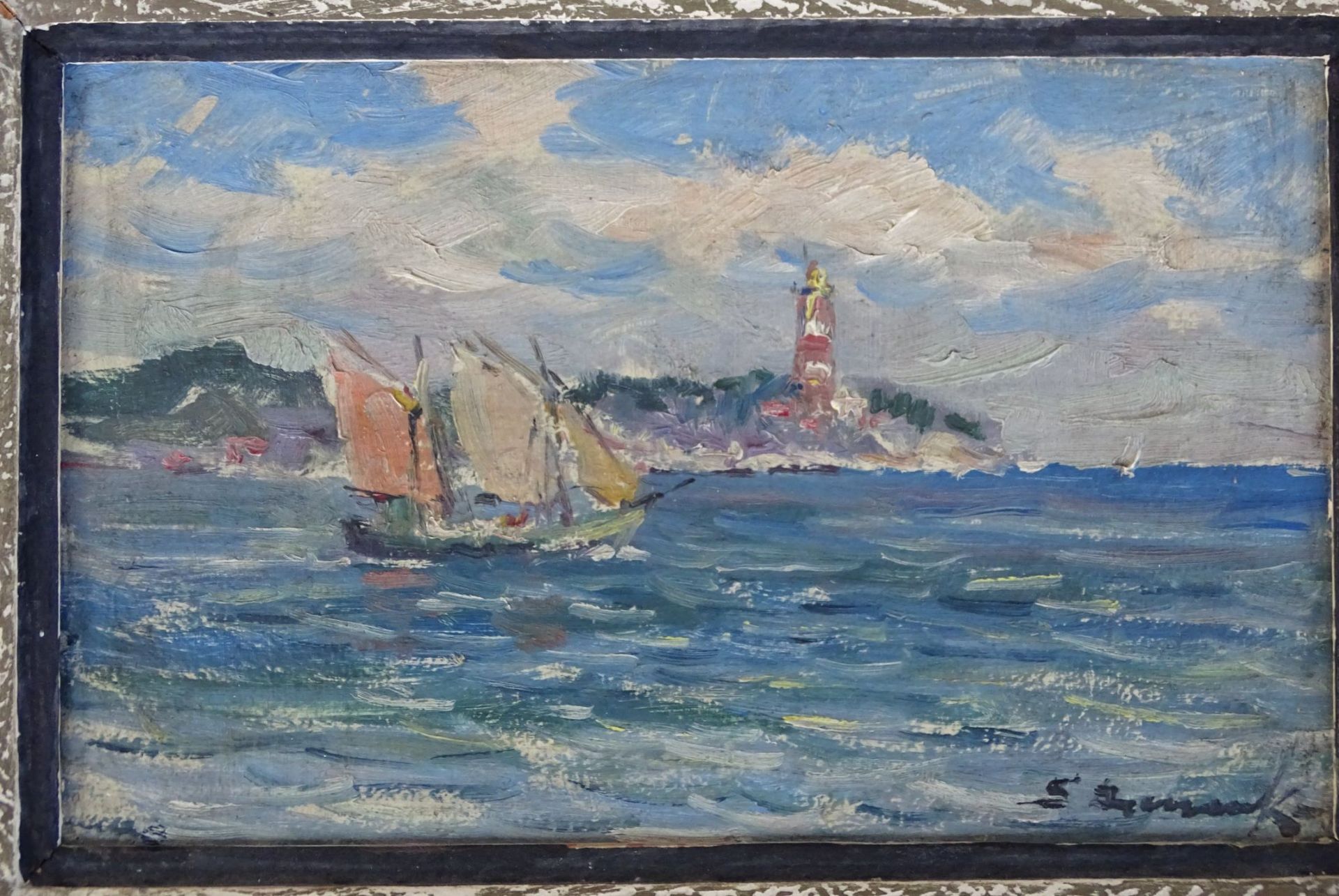 Eugeniusz DZIERZENCKI (1904-1990) "Segelboot vor Leuchtturm", Öl/Malfaser, 12x18 cm, gerahmt, RG