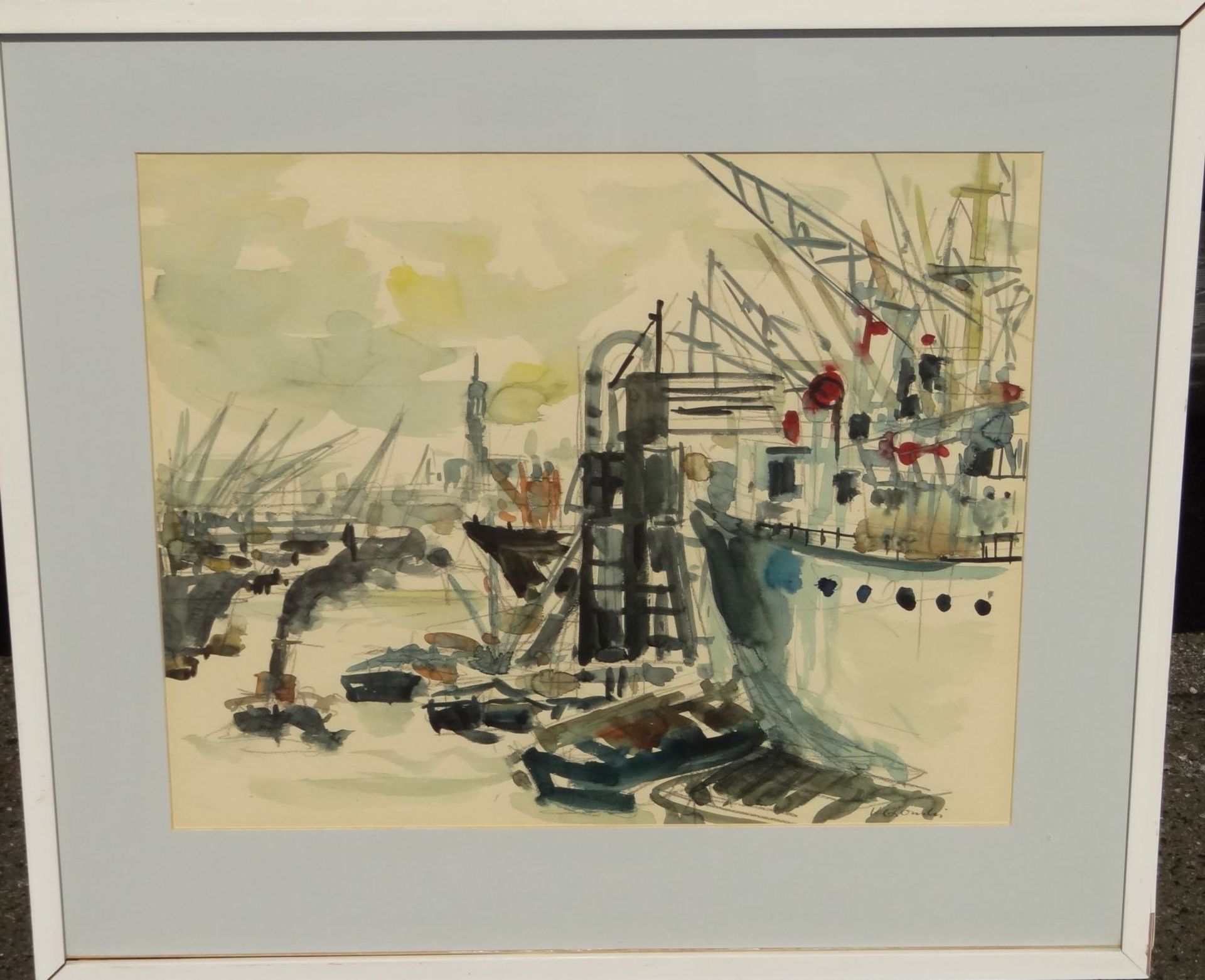 Alfred KLOSOWSKI (1927) "Hamburger Hafen" Farblithografie, ger/Glas,RG 66x75 cm, - Bild 2 aus 3