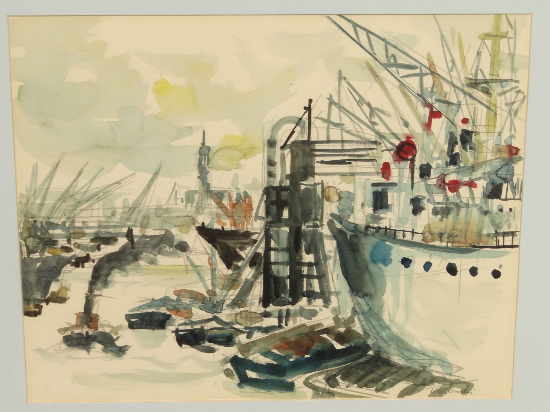 Alfred KLOSOWSKI (1927) "Hamburger Hafen" Farblithografie, ger/Glas,RG 66x75 cm,