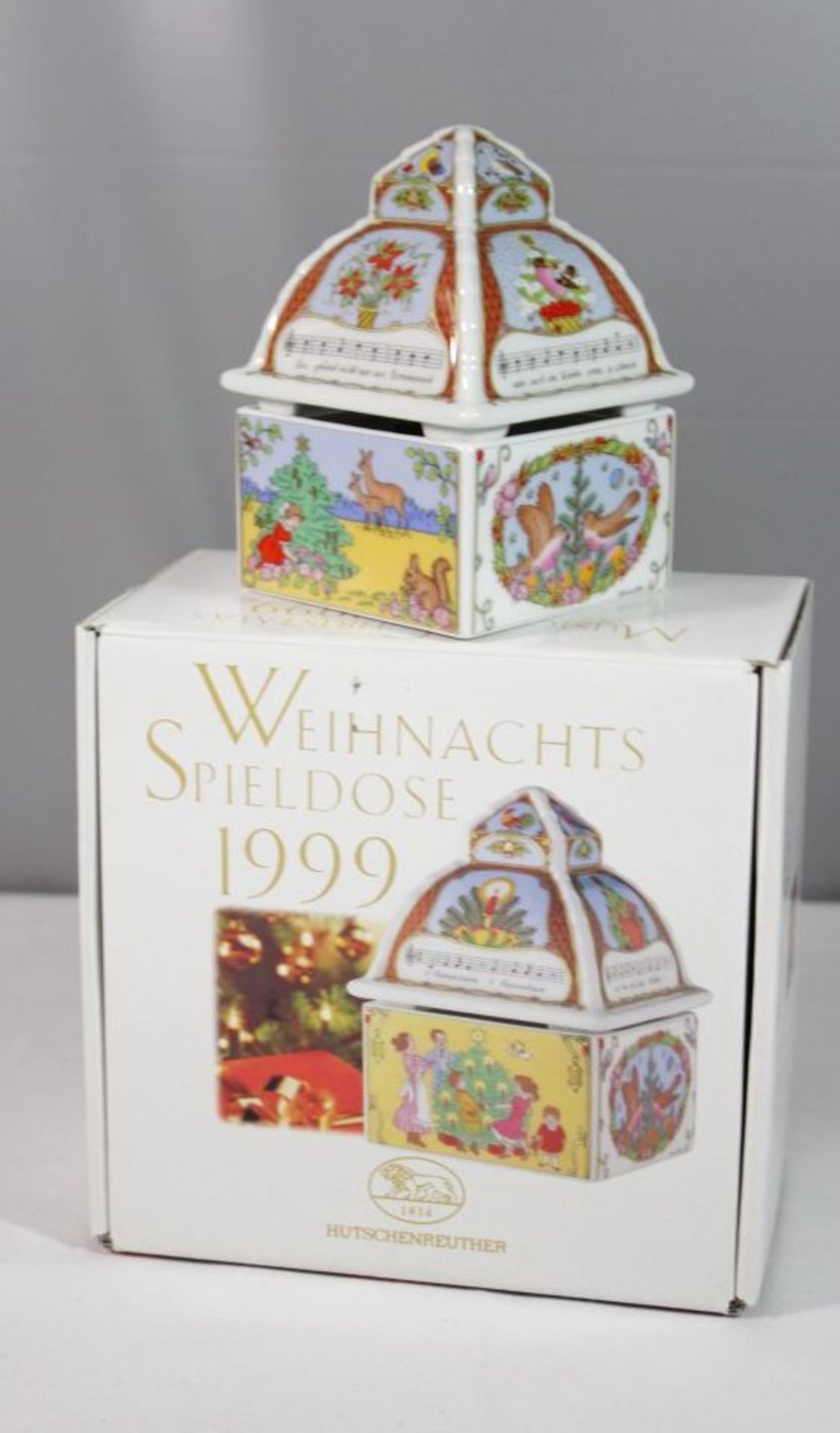 Hutschenreuther Weihnachtsspieluhr, 1999, orig. Karton, H-12cm B-8,5cm.