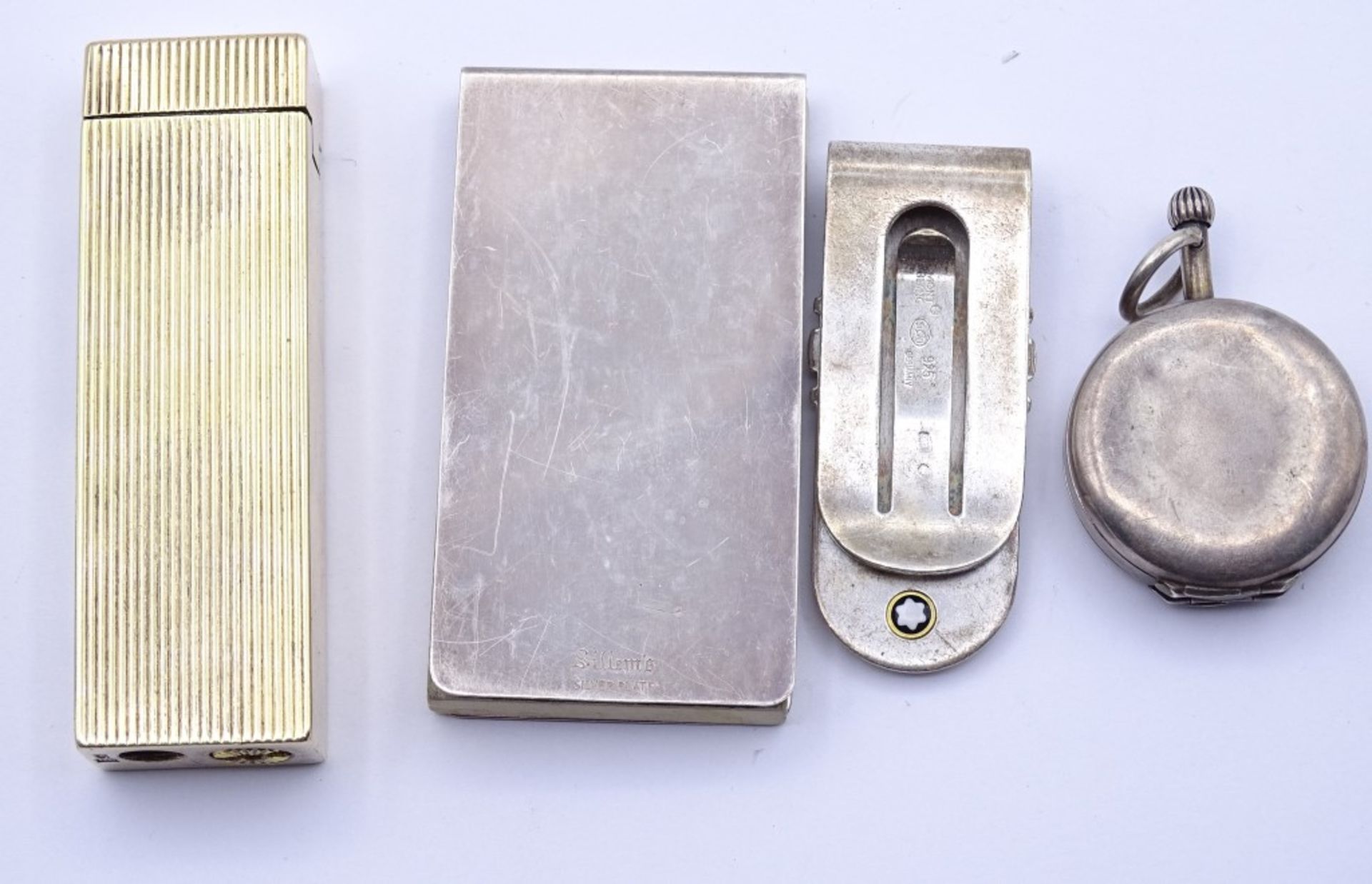 Silber Konvolut:Feuerzeug (925),Fotomedaillon DRGM (900),Notizzettelhalter (versilbert),und Mont - Bild 2 aus 3