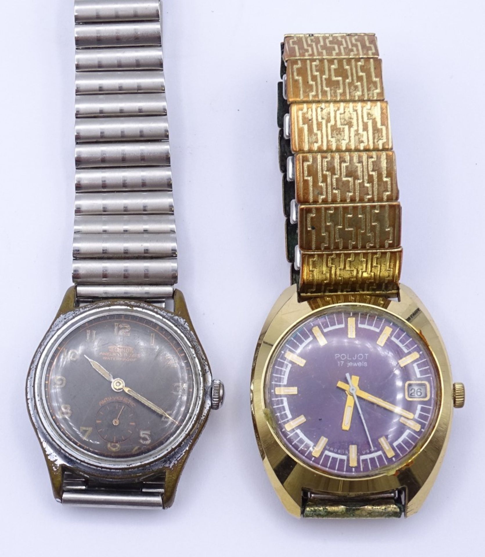 Zwei alte Armbanduhren,"Technor und Poljot",mechanisch,Poljot läuft,Technor steht,Alters-u.