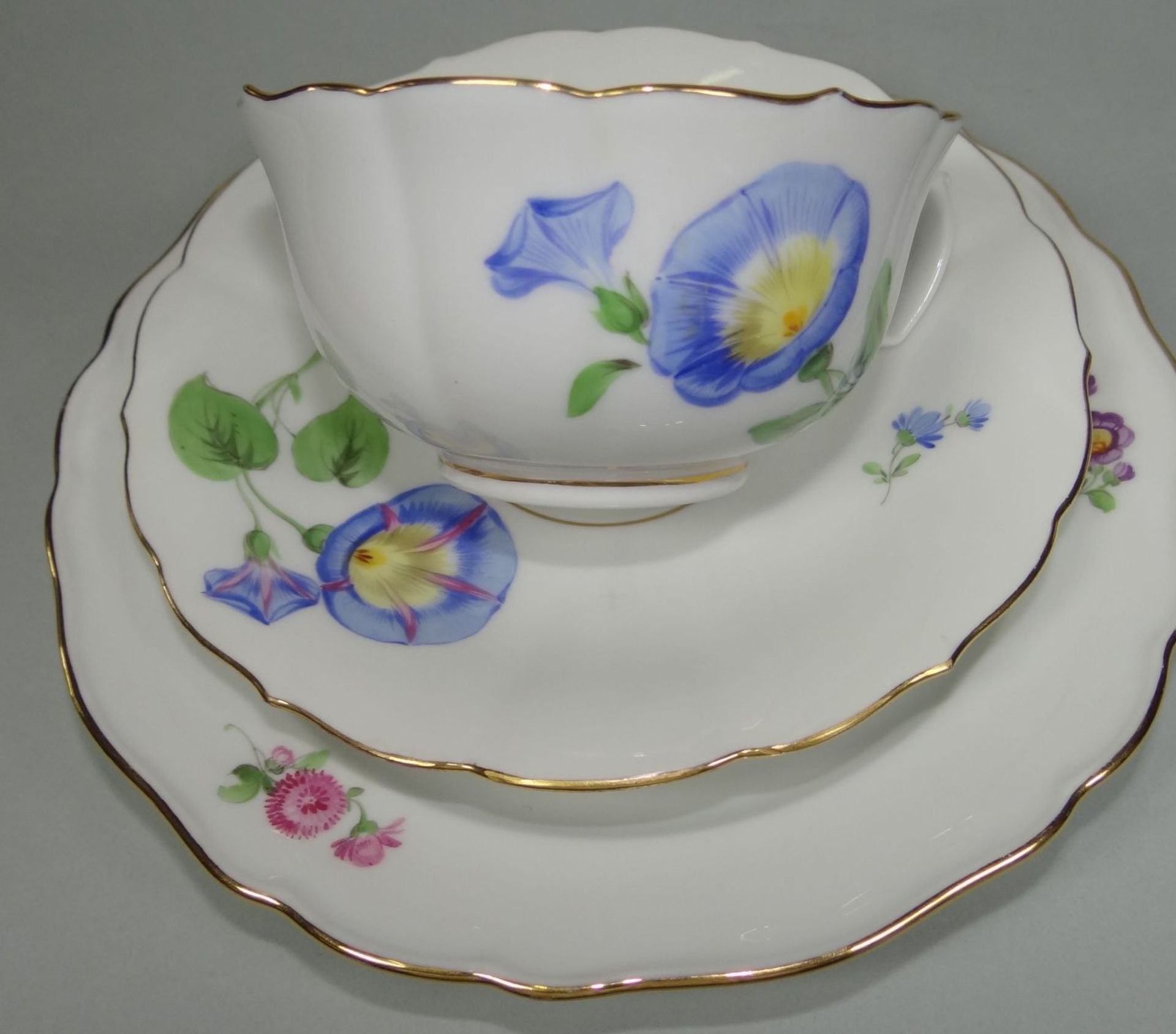 Kaffeegedeck "Meissen" Blumendekor (blau), Schwerter durchschliffen