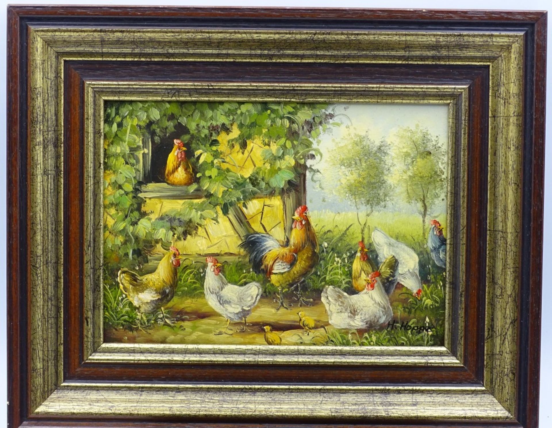kl.Gemälde mit Hühnern,u.r.signiert H.Hoppe,Öl/Platte,gerahmt,RG 21,3x2