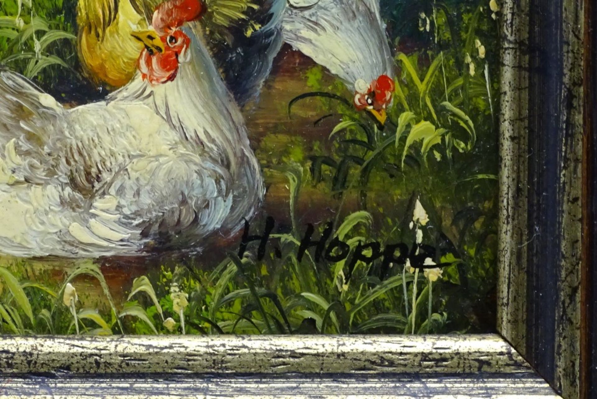 kl.Gemälde mit Hühnern,u.r.signiert H.Hoppe,Öl/Platte,gerahmt,RG 21,3x2 - Image 3 of 5