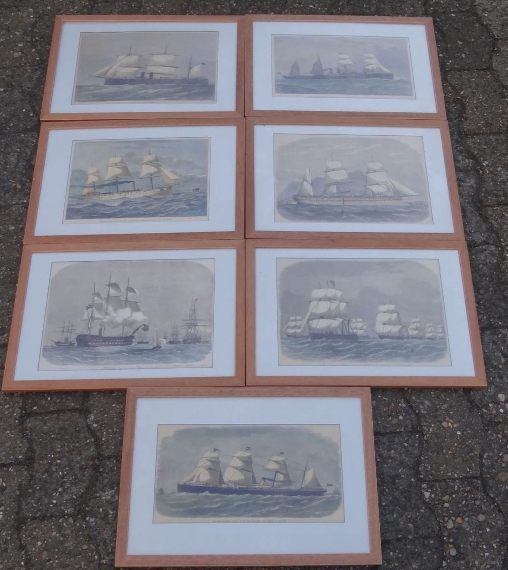 7x gerahmte Kunstdrucke mit Segelschiffen, Glas, RG 33x48 cm