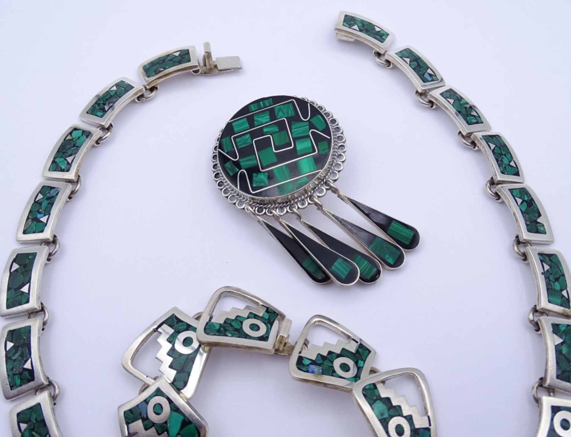 Sterling Silber Schmuck Set Mexico,Halskette,Armband und Brosche,mit Malachit / Onyx Besatz,ges. - Image 2 of 5