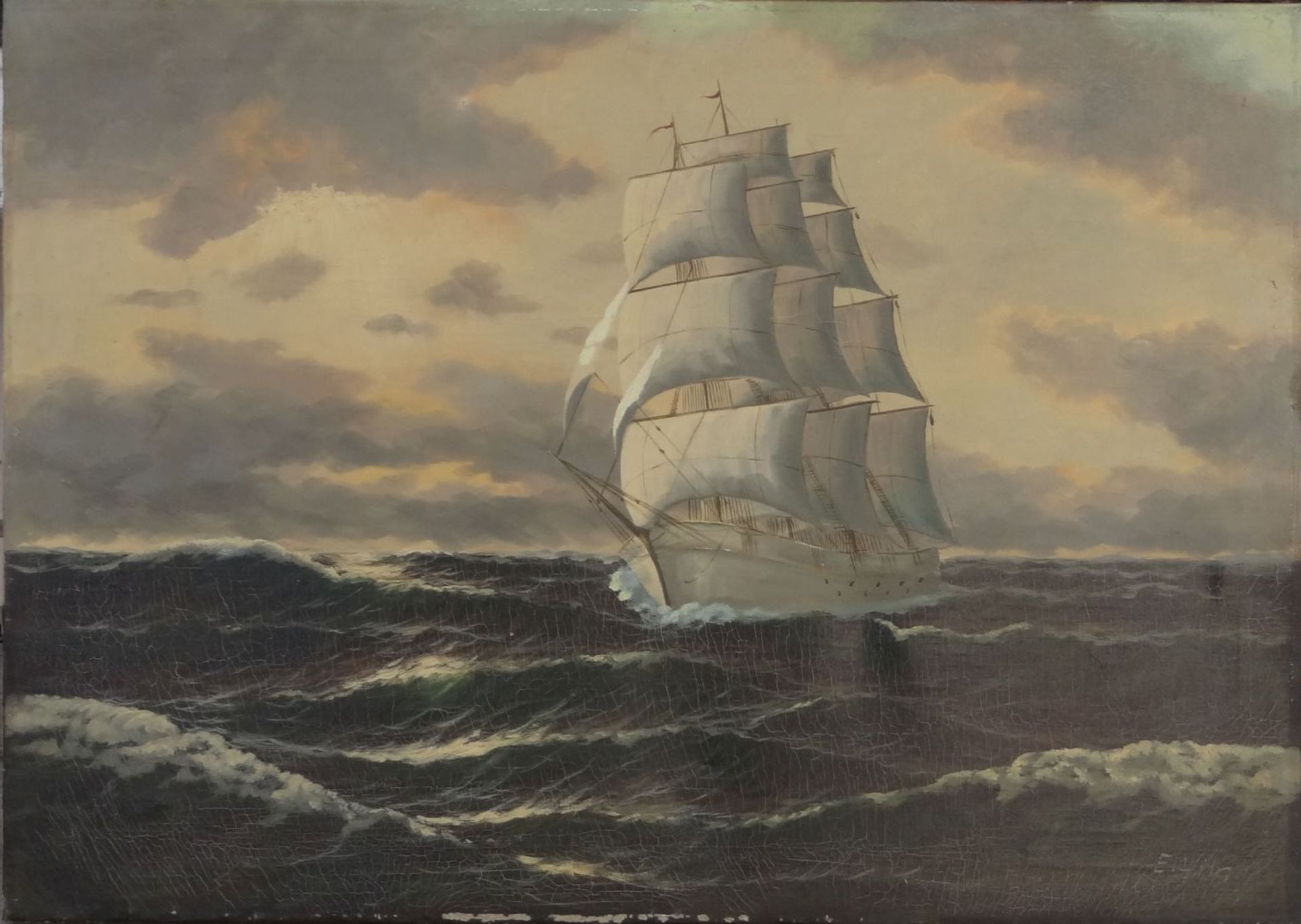 E.Hilger "Segelschiff auf See", Öl/Leinen, craquelliert, 50x70 cm
