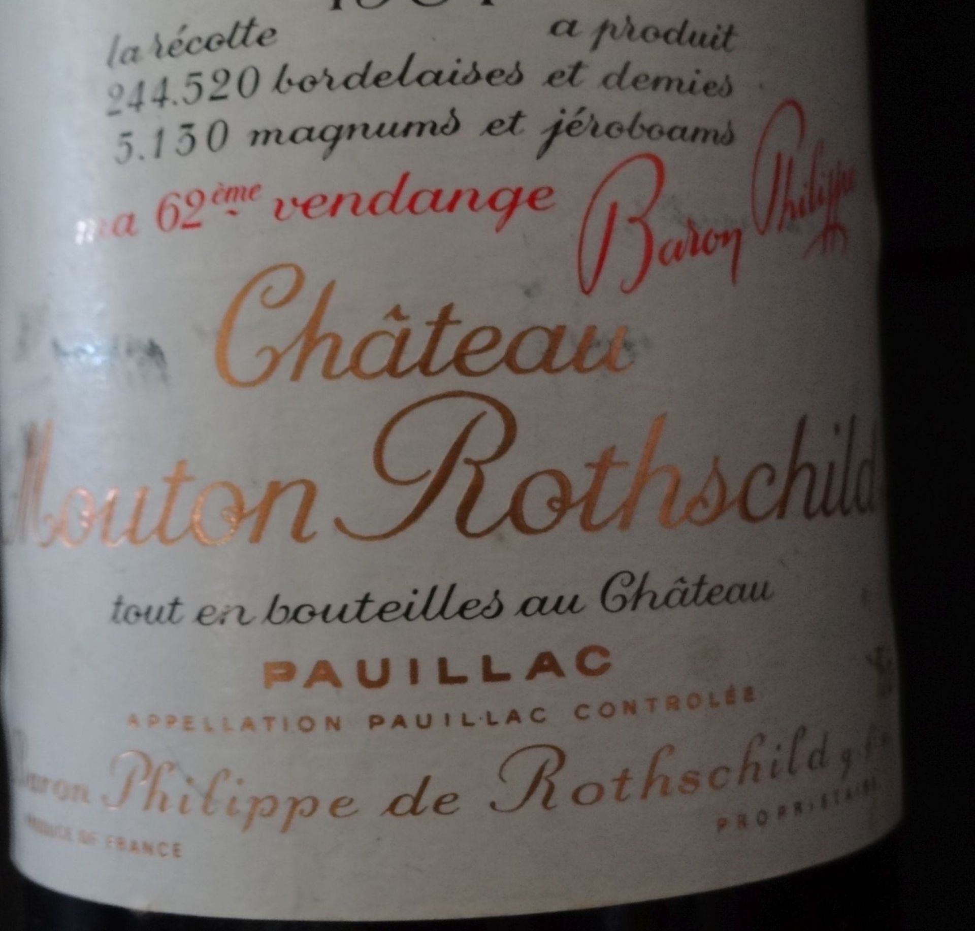 2x 0,75 L Rotweinflaschen "Chateau Mouton Rothschild" Pauillac 1984, Frankreich"""" - Bild 6 aus 9