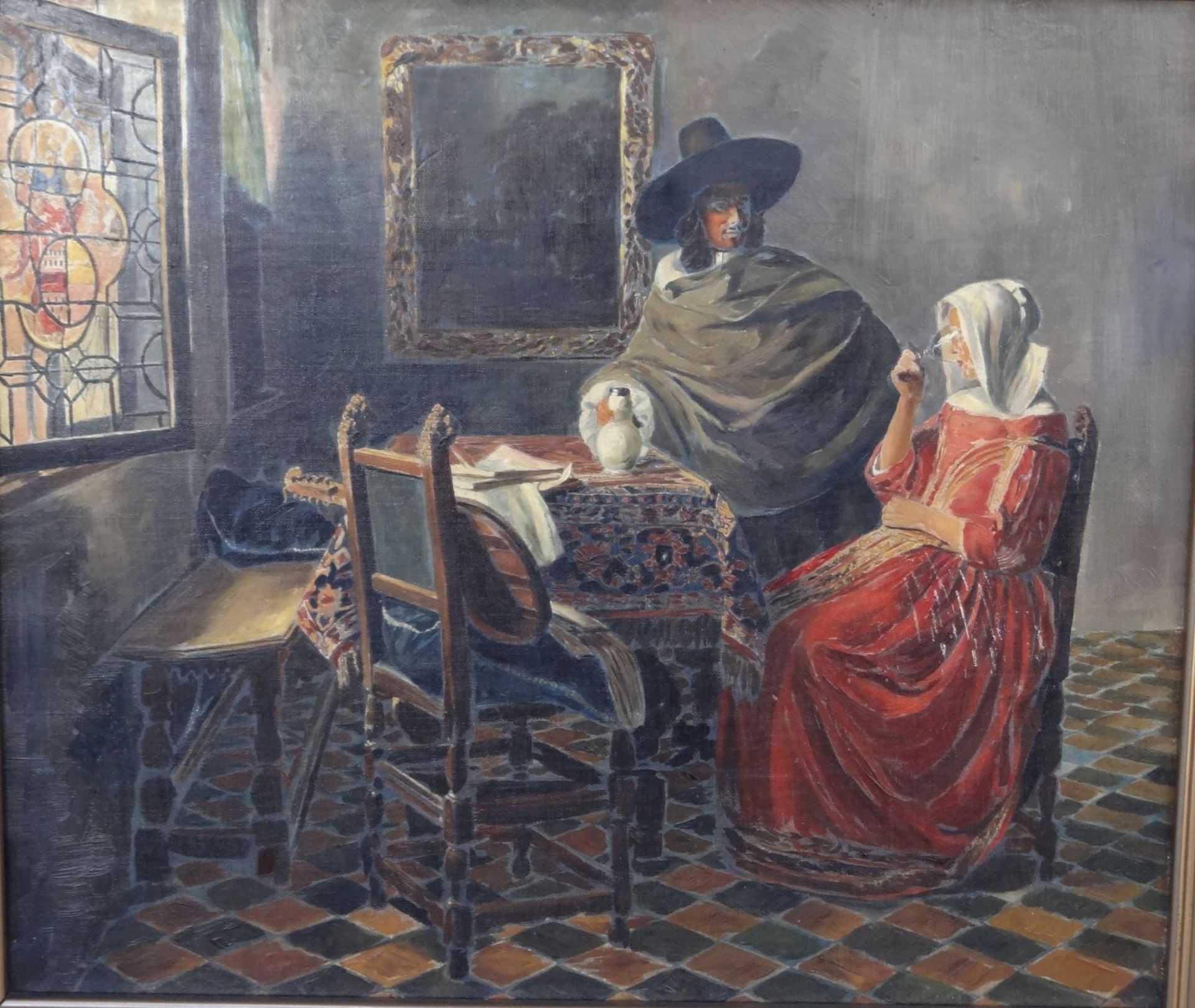 anonyme Kopie nach Vermeer "Das Glas Wein", Öl/Leinen, gut gerahmt, RG 60x67 c