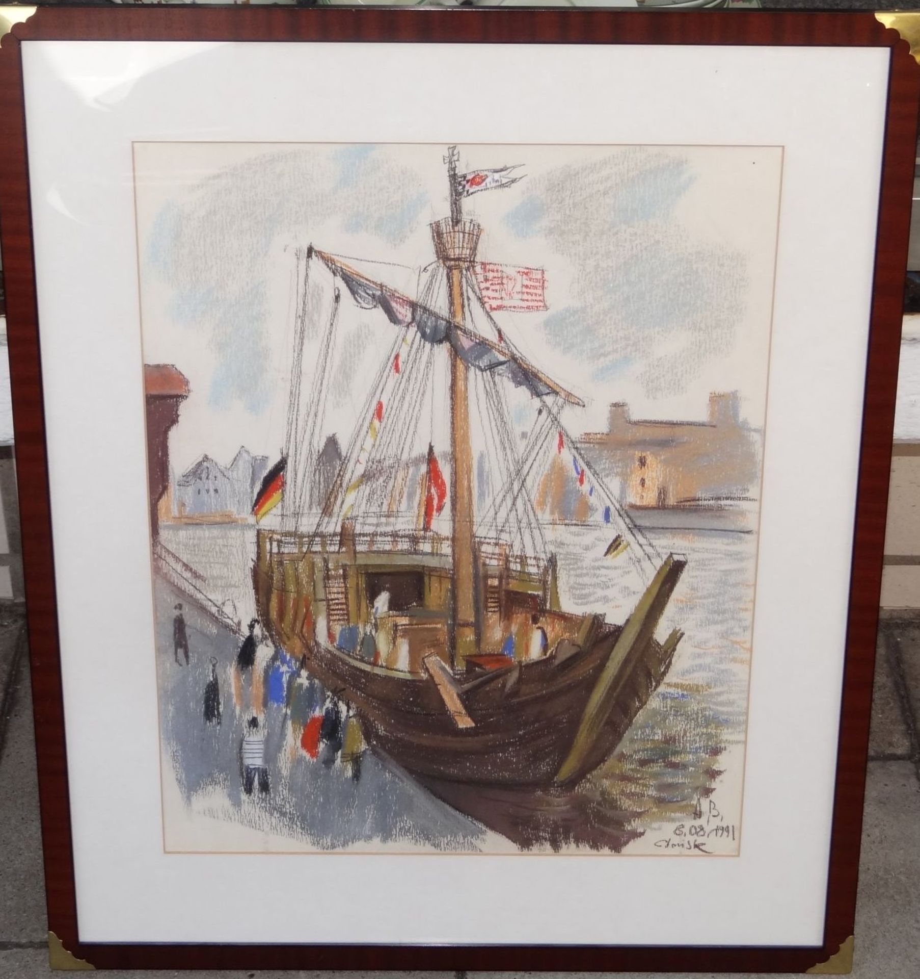 A.B., 1991 "Segelschiff im Hafen" Aquarell, ger/Glas, RG 65x55 cm - Image 2 of 3