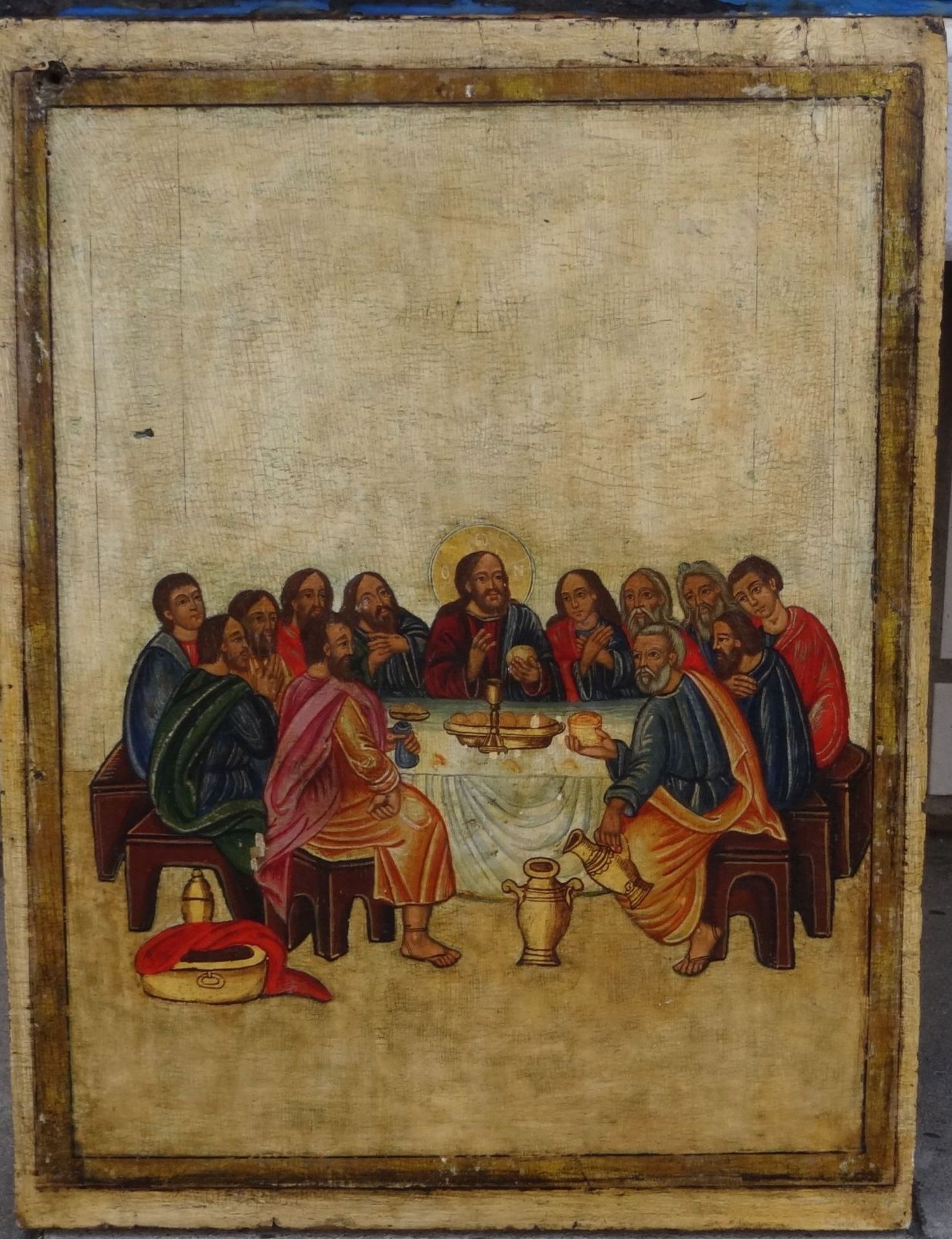 griechische Ikone "Das letzte Abendmahl" auf schwerer Holzplatte, 47x36 cm, B-2,5 cm