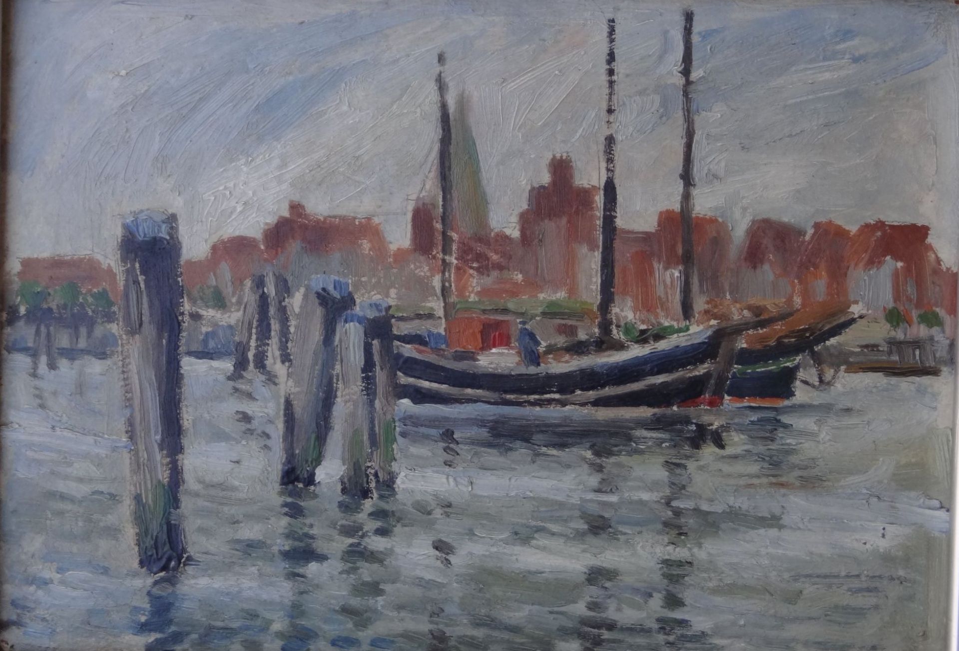 anonym, Boote im Hafen, Öl/Pappe, gerahmt, RG 32x42 cm, um 190 - Image 2 of 3