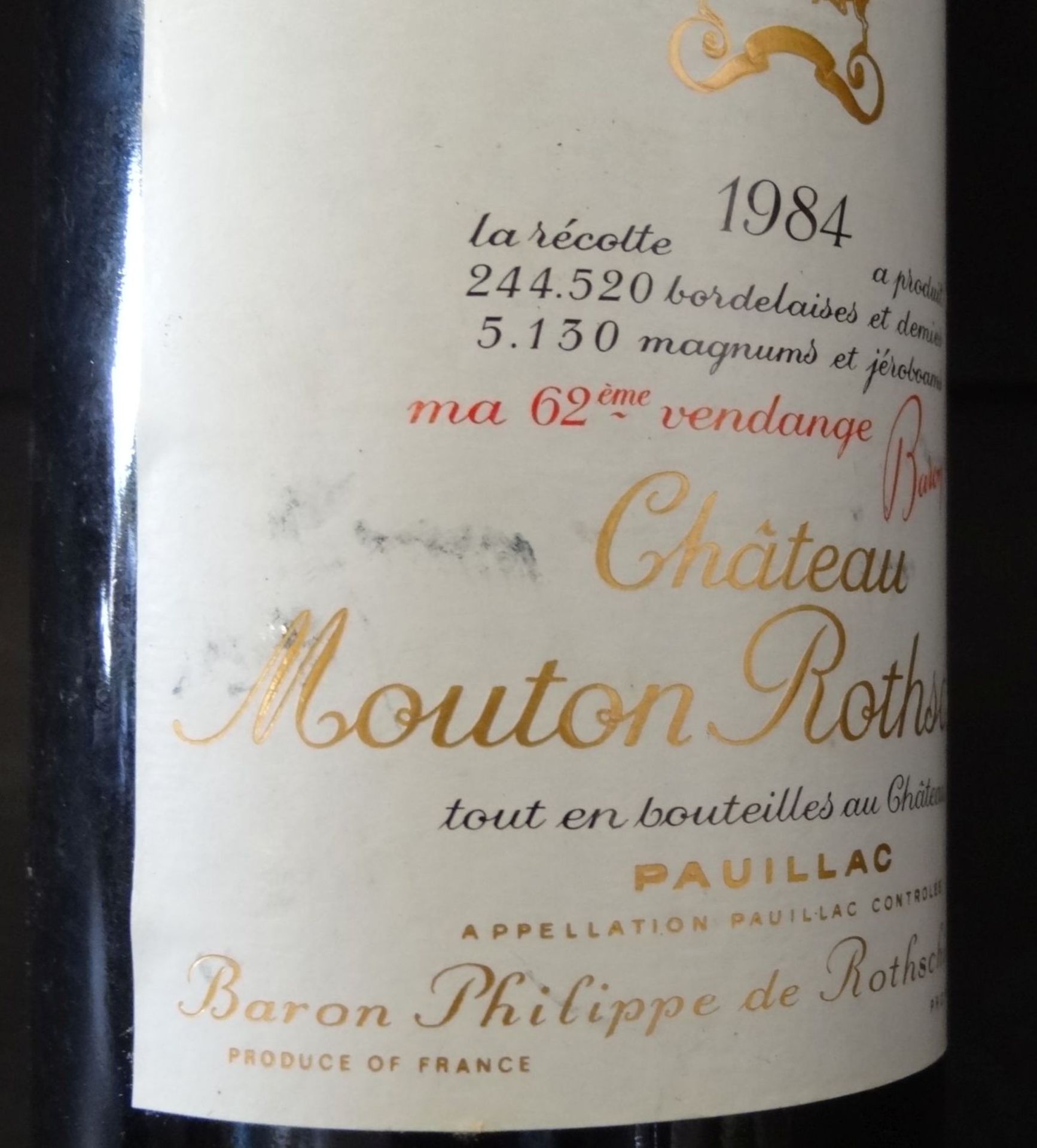 2x 0,75 L Rotweinflaschen "Chateau Mouton Rothschild" Pauillac 1984, Frankreich"""" - Bild 8 aus 9