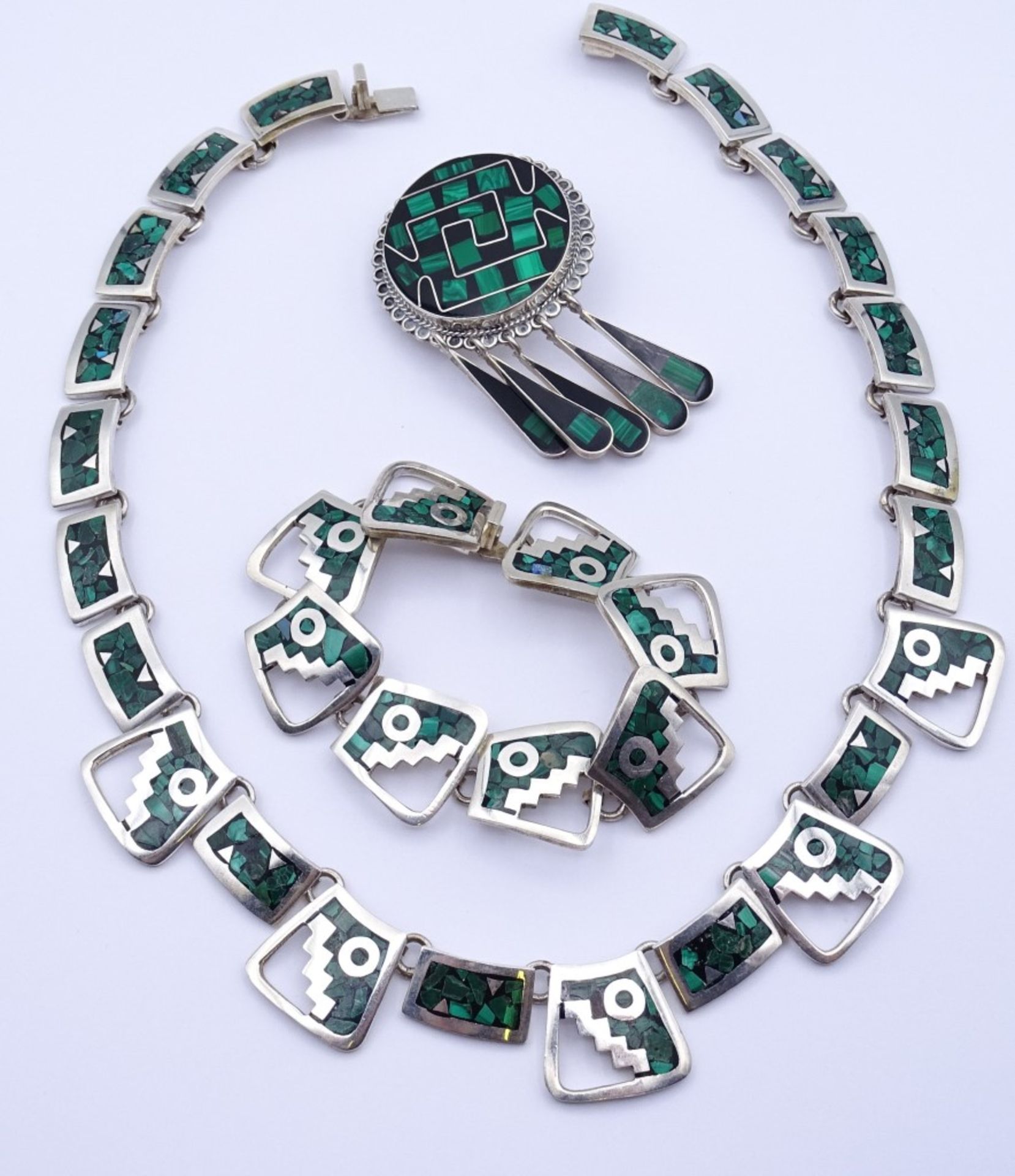 Sterling Silber Schmuck Set Mexico,Halskette,Armband und Brosche,mit Malachit / Onyx Besatz,ges.