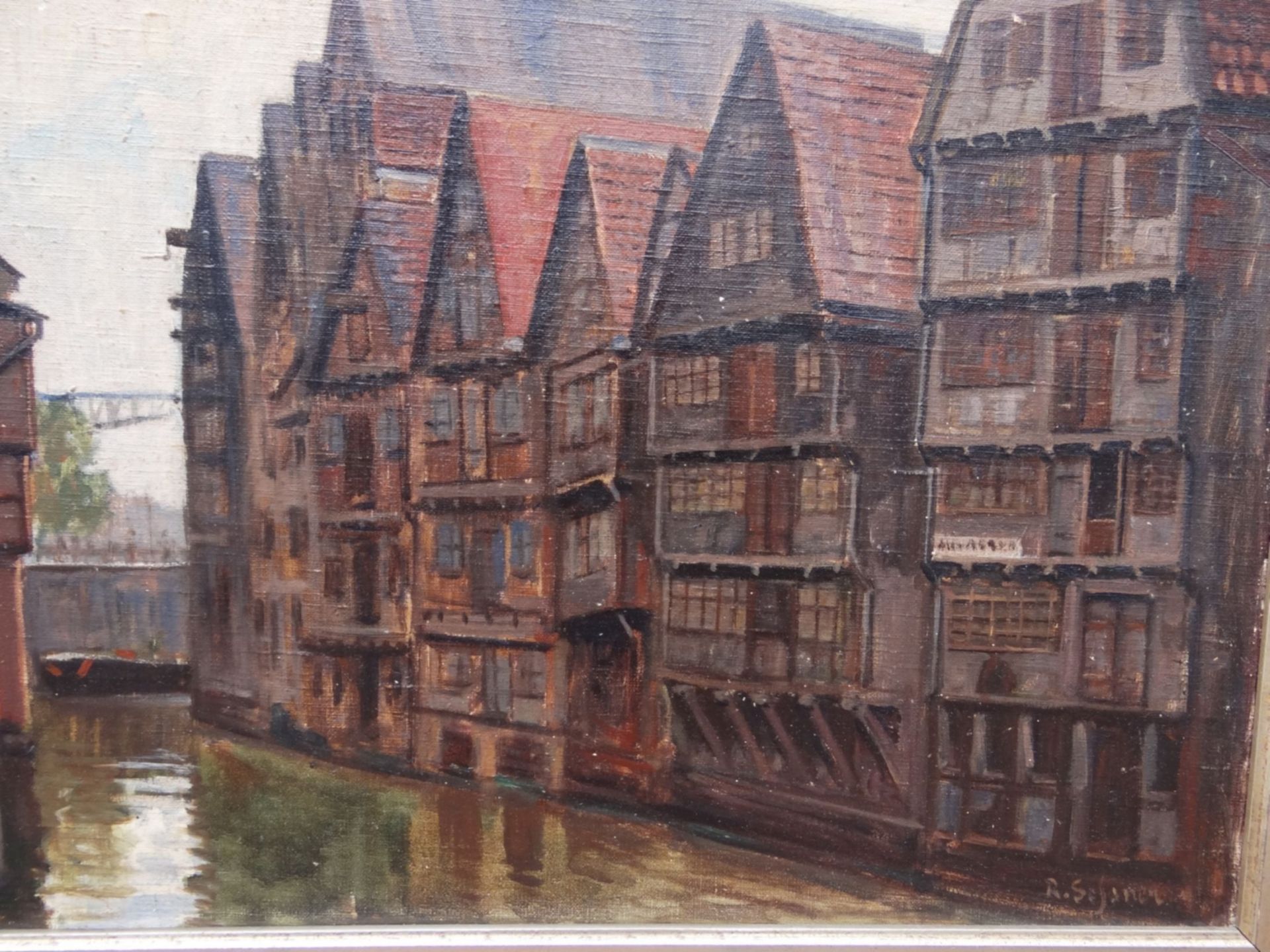 R. Schnor "Hafen Lagerhäuser am Kanal" wohl Hamburg, Öl/Platte, gerahmt, RG 51x66""""