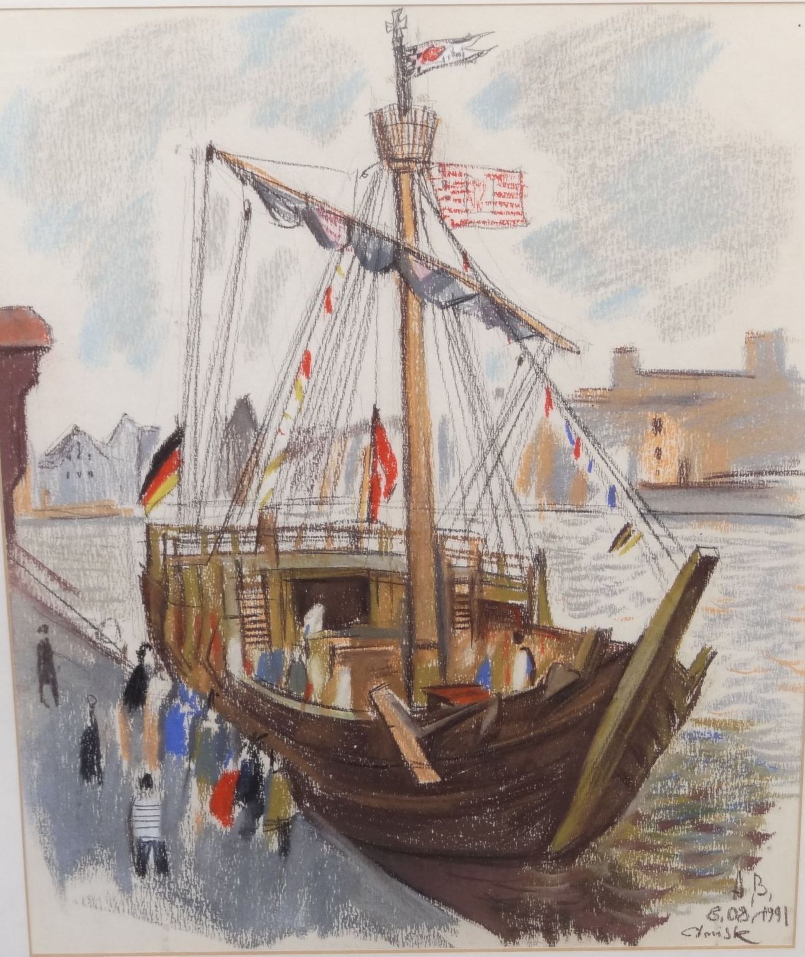 A.B., 1991 "Segelschiff im Hafen" Aquarell, ger/Glas, RG 65x55 cm