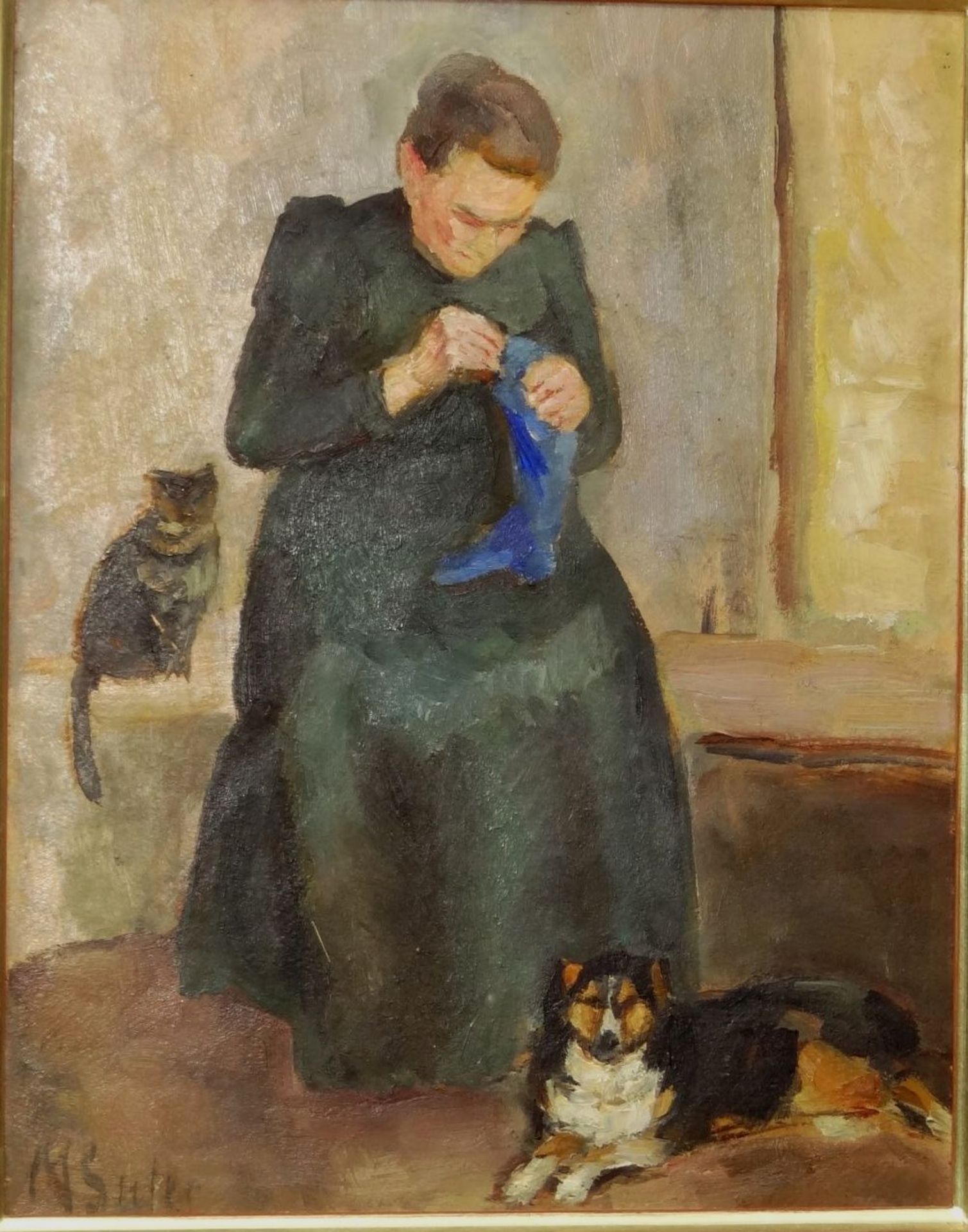 Madeleine Suter "strickende alte Frau" Öl/Platte, gerahmt, RG 46x39 c""""