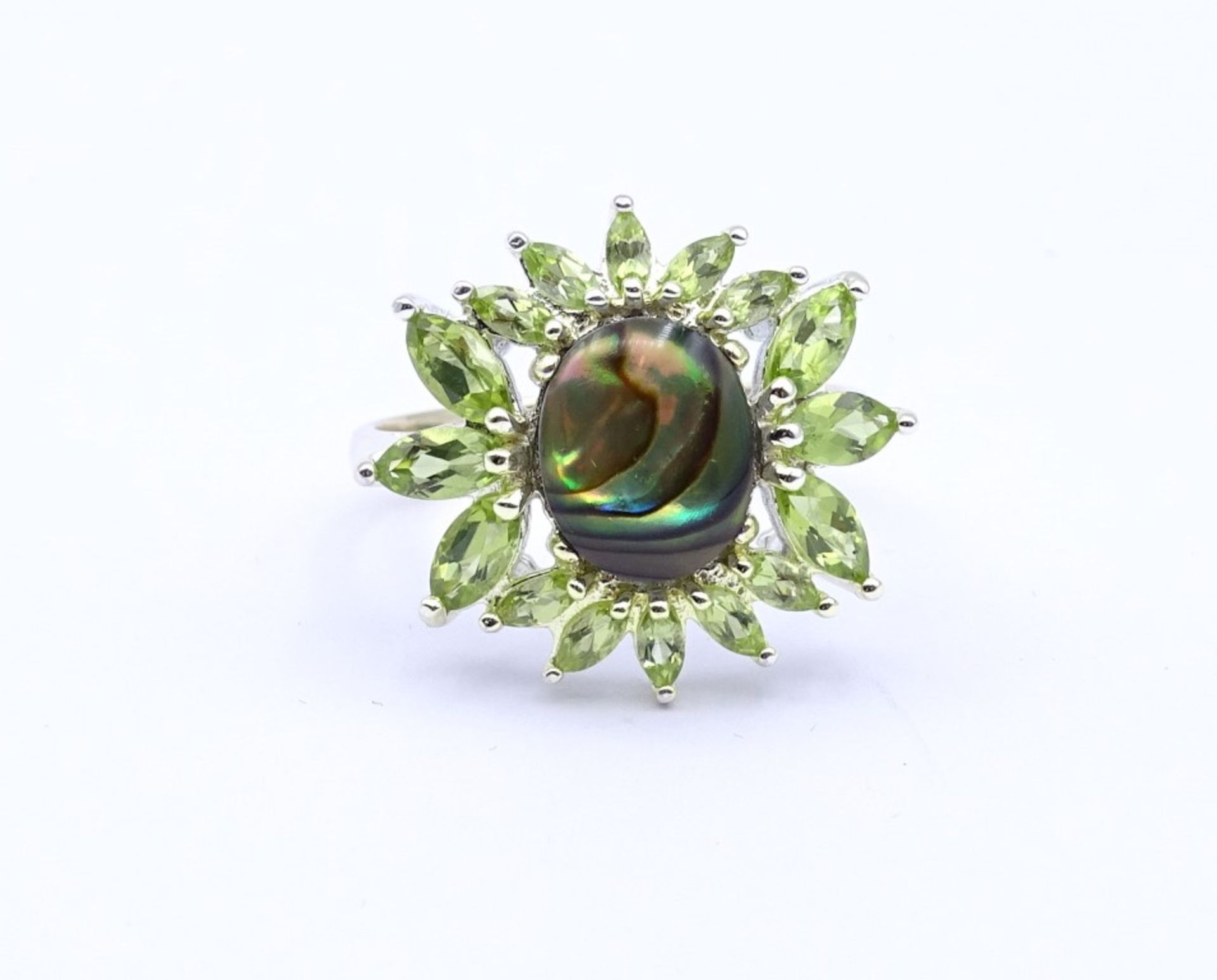 Silber Ring mit Peridots und Perlmutt,Sterling Silber 925/000,5,6gr., RG 63 - Image 2 of 3