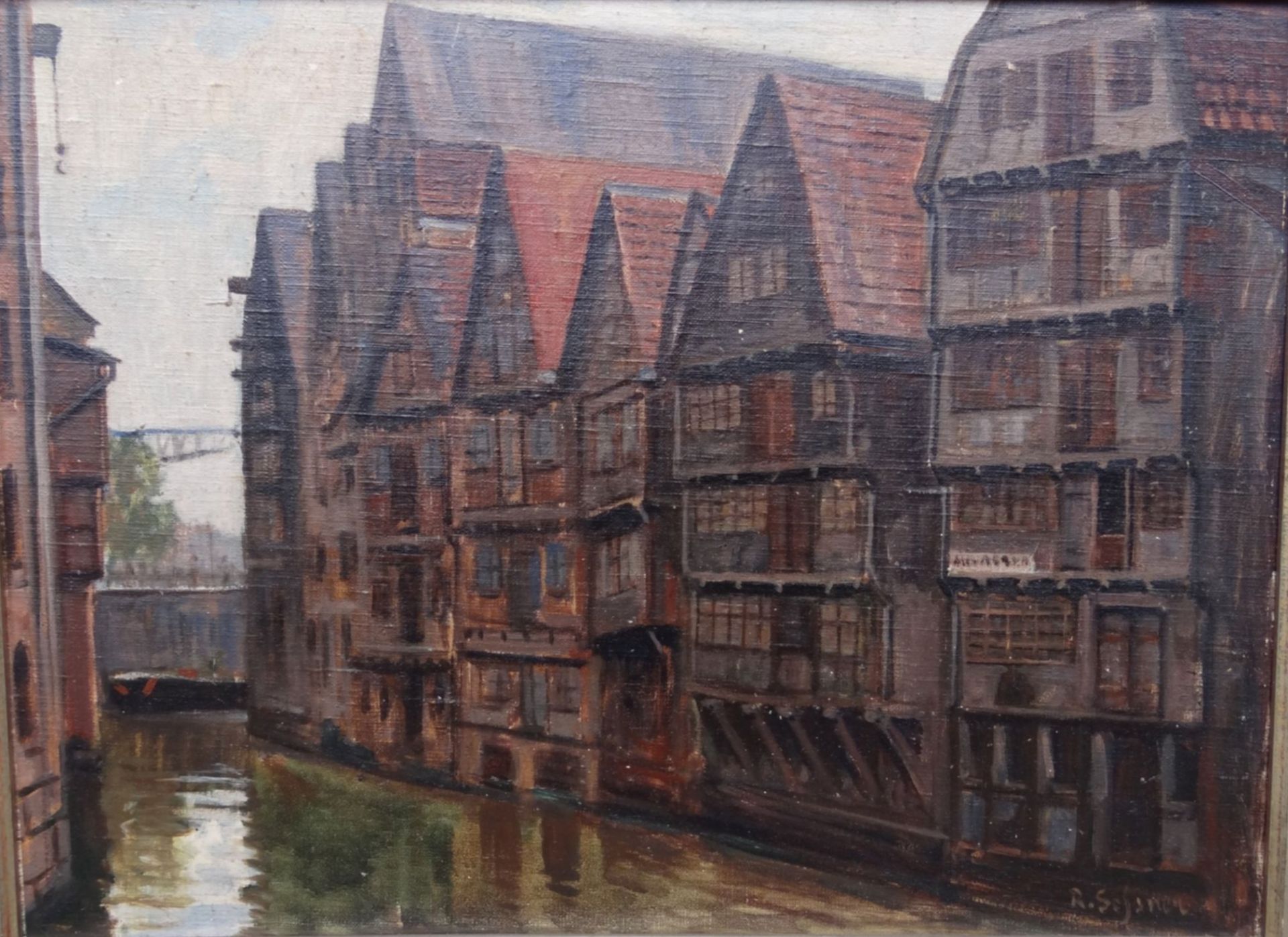 R. Schnor "Hafen Lagerhäuser am Kanal" wohl Hamburg, Öl/Platte, gerahmt, RG 51x66"""" - Image 3 of 5